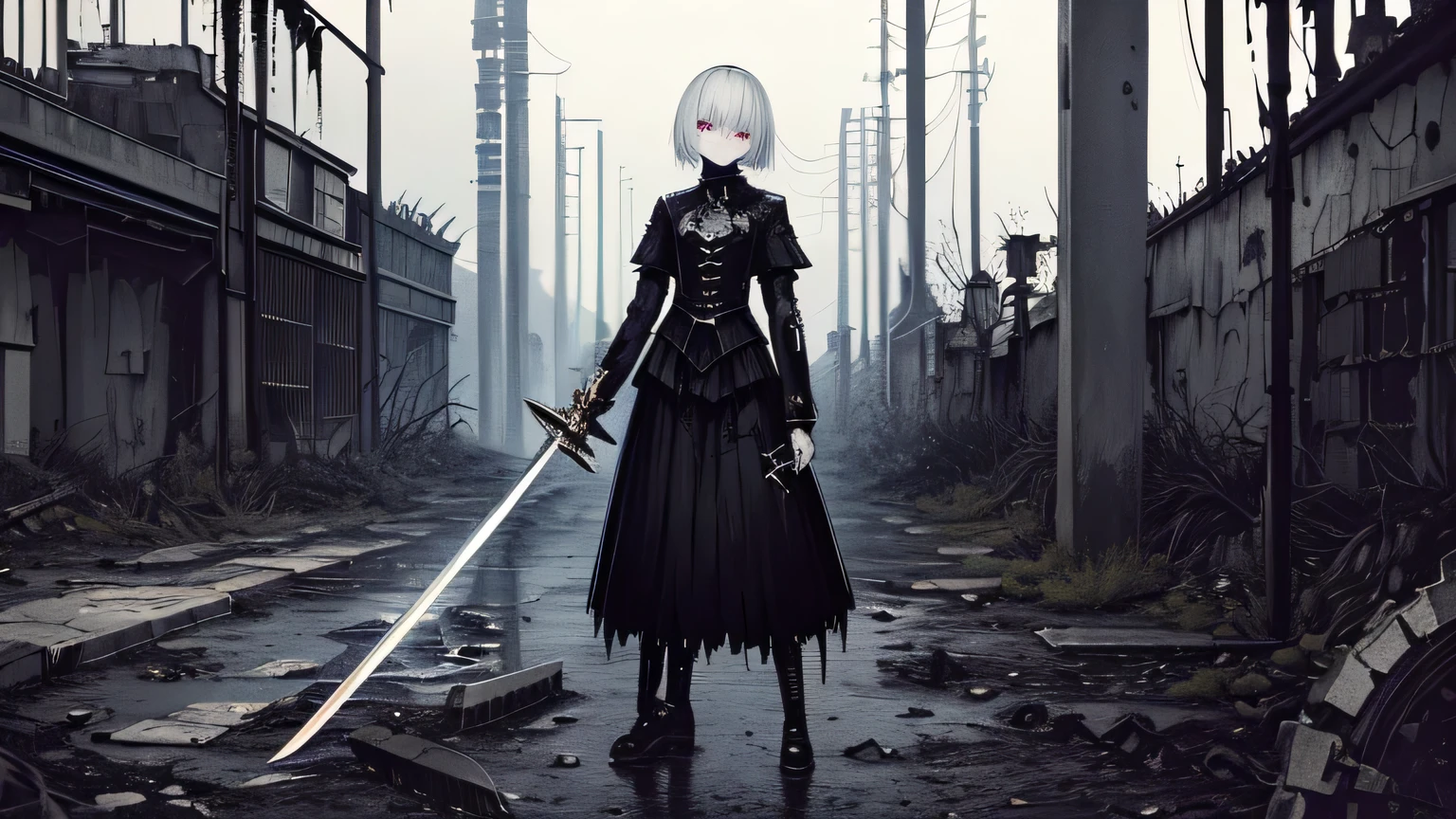 (dark biopunk art), ((hopeless tentacle horror fantasy)), dark anime girl, short white hair, (dark black liquid eyes), black wounds, ((broken massive sword)), broken broad swords, broken steel skirt, (cracked long iron skirt), broken breastplate, black oil fluids, devastated environment, old shelter, desolated, very detailed art, very detailed background