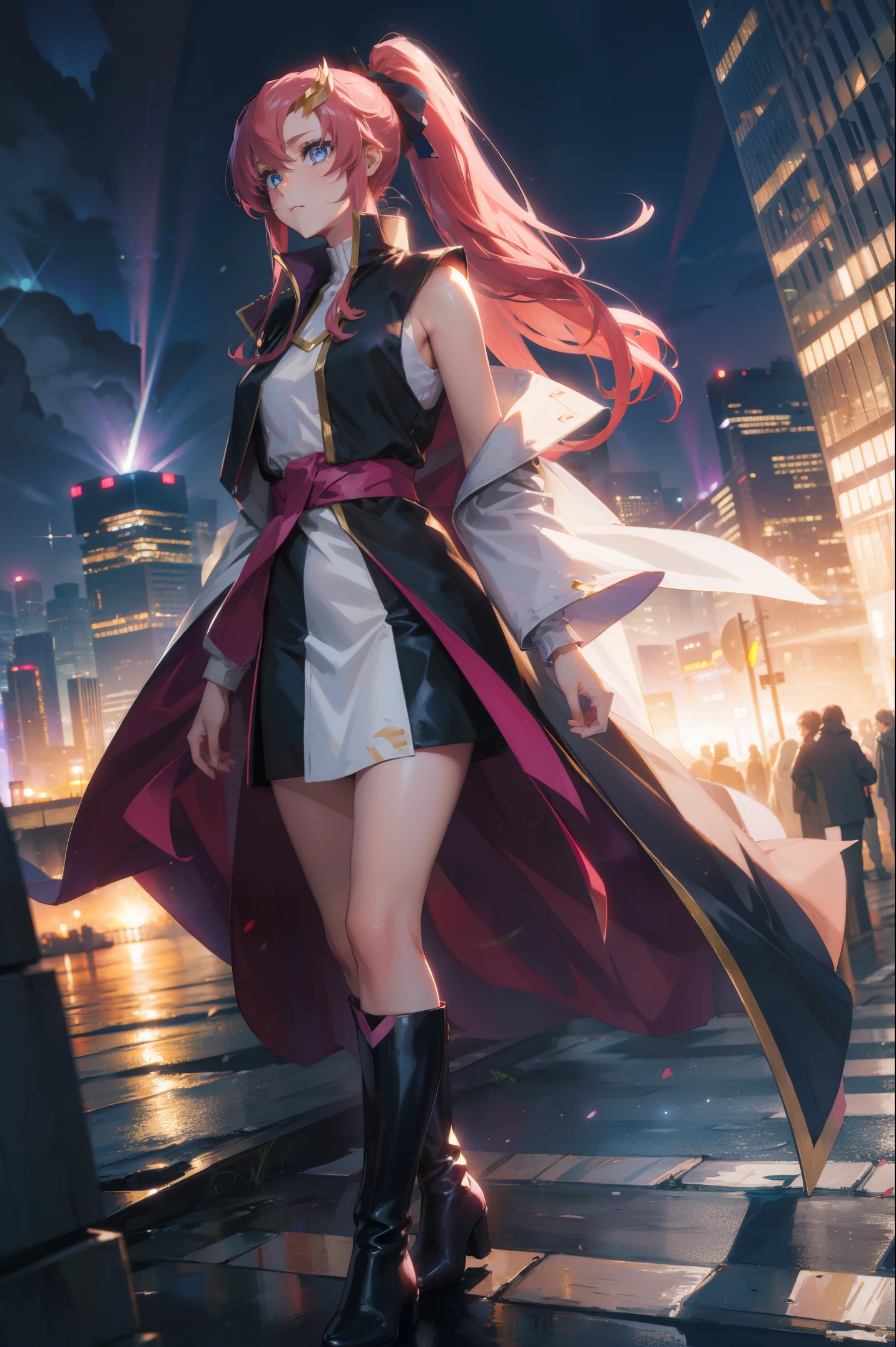 lacusclyne, lacus clyne, blue eyes, hair ornament, long hair, wave hair ornament, pink hair, ponytail, hair ribbon, hair clip,
BREAK ankle boots, black robe, boots, coat, long sleeves, red ribbon, ribbon, robe, sidelocks, sleeveless coat, white coat, white footwear,
BREAK outdoors, city,
BREAK looking at viewer, BREAK (masterpiece:1.2), best quality, high resolution, unity 8k wallpaper, (illustration:0.8), (beautiful detailed eyes:1.6), extremely detailed face, perfect lighting, extremely detailed CG, (perfect hands, perfect anatomy),