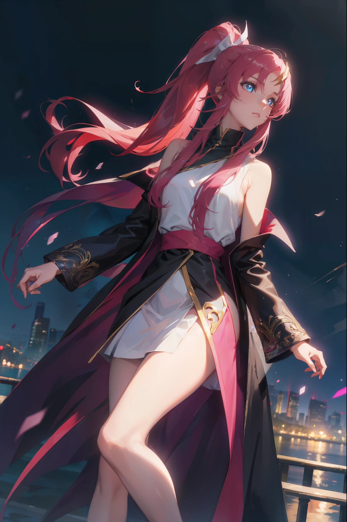 lacusclyne, lacus clyne, blue eyes, hair ornament, long hair, wave hair ornament, pink hair, ponytail, hair ribbon, hair clip,
BREAK ankle boots, black robe, boots, coat, long sleeves, red ribbon, ribbon, robe, sidelocks, sleeveless coat, white coat, white footwear,
BREAK outdoors, city,
BREAK looking at viewer, BREAK (masterpiece:1.2), best quality, high resolution, unity 8k wallpaper, (illustration:0.8), (beautiful detailed eyes:1.6), extremely detailed face, perfect lighting, extremely detailed CG, (perfect hands, perfect anatomy),