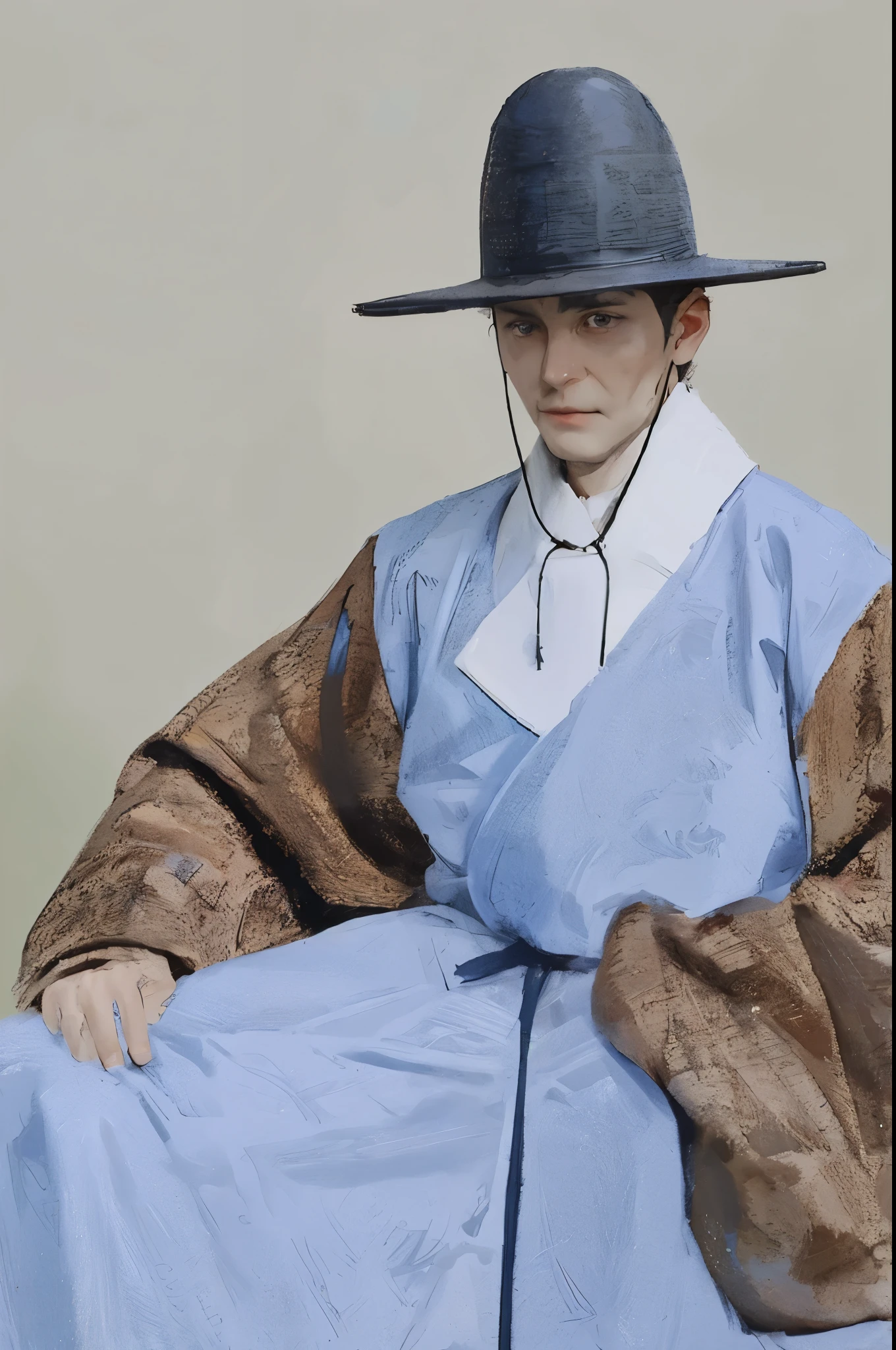 fierce eyes，strangle fiercely，glaring eyeiddle aged male，asian man，general，sharp eyeierce eyeierce and evil，husband wearing blue dress，wearing a hat，sit on bench, Inspired by Shin Saimdang, traditional clothing, traditional clothing, Hanbok, noble clothing, korean Hanbok, aristocratic appearance, Korean male, Wear period-correct clothing, classical robes, Historically accurate, wearing noble robes, Wearing ancient Chinese clothes