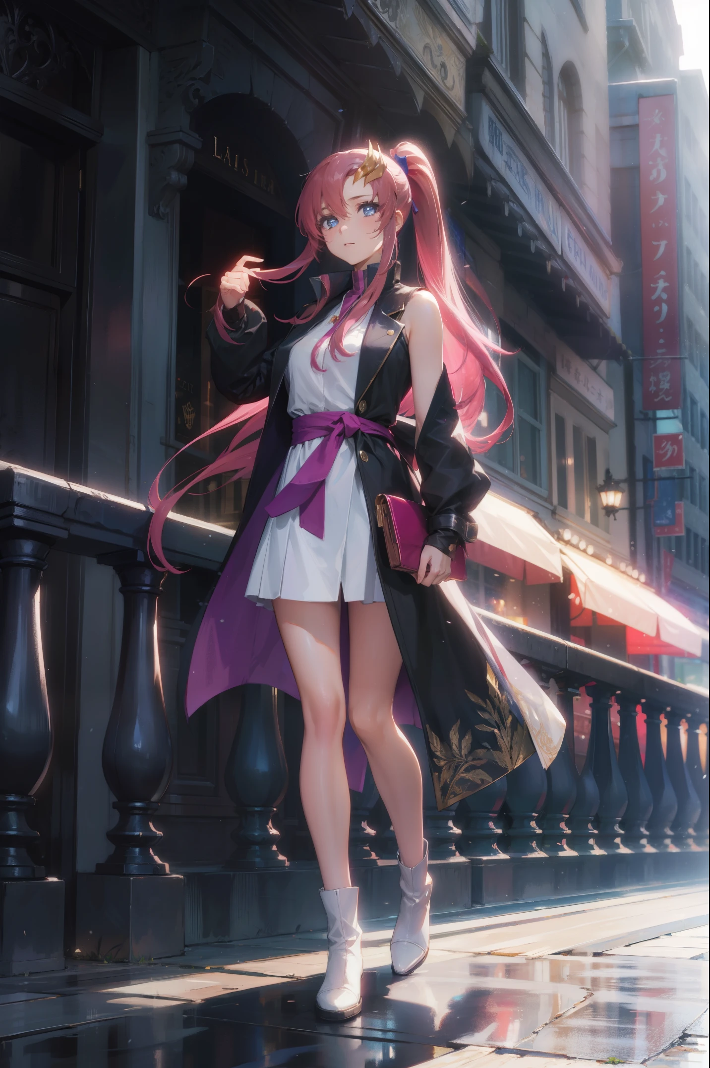 lacusclyne, lacus clyne, blue eyes, hair ornament, long hair, wave hair ornament, pink hair, ponytail, hair ribbon, hair clip,
BREAK ankle boots, black robe, boots, coat, long sleeves, red ribbon, ribbon, robe, sidelocks, sleeveless coat, white coat, white footwear,
BREAK outdoors, city,
BREAK looking at viewer, BREAK (masterpiece:1.2), best quality, high resolution, unity 8k wallpaper, (illustration:0.8), (beautiful detailed eyes:1.6), extremely detailed face, perfect lighting, extremely detailed CG, (perfect hands, perfect ???????),