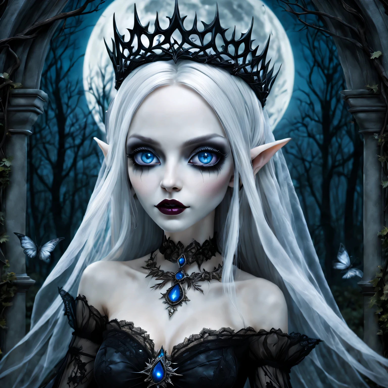 Gothic,portrait,night elf queen,sharp focus,blue eyes,Flowing white hair,Salient features,Detailed lips,pale skin,,mystery的微笑,thorn crown,exquisite jewelry,long and pointed ears,charming的目光,black lace dress,veil,Moonlight Garden,Forest background under moonlight,Moonlight casts shadows,dark aura,Stylish design,ethereal beauty,nipple process,The presence of majesty,charming的目光,subtle glow,ethereal light.masterpiece, best quality, (High-detail CG unified 8K wallpaper) (best quality), (Best Illustration), (best shadow) nature,Sky, cloud, Delicate leaf petals fall in the air,track, super detailed,ultra high resolution, Surrealism, HD, golden ratio,(royal),(enchanted forest),(peaceful),(Peace),(mystery),(grace),(charming),