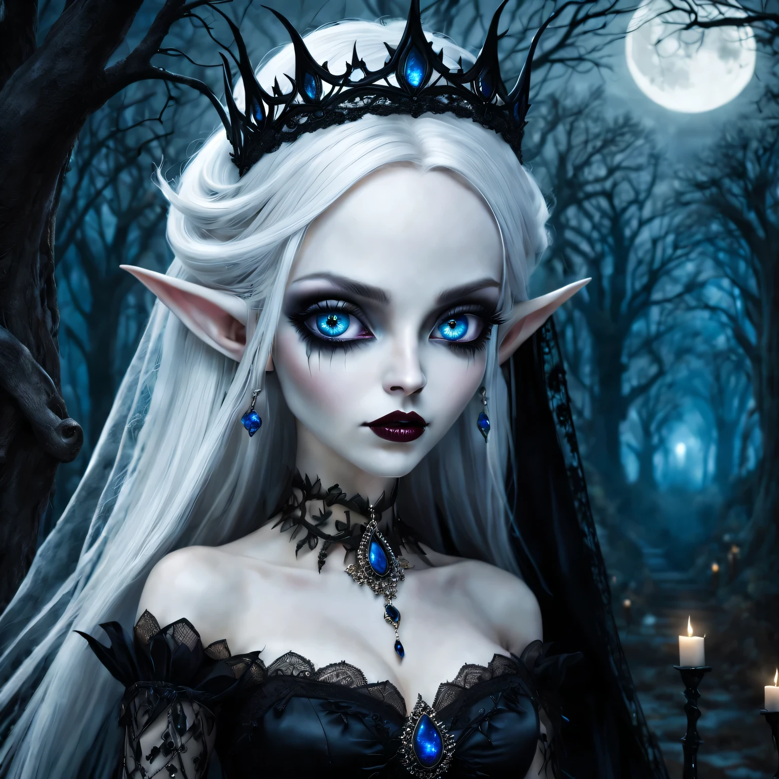 Gothic,portrait,night elf queen,sharp focus,blue eyes,Flowing white hair,Salient features,Detailed lips,pale skin,,mystery的微笑,thorn crown,exquisite jewelry,long and pointed ears,charming的目光,black lace dress,veil,Moonlight Garden,Forest background under moonlight,Moonlight casts shadows,dark aura,Stylish design,ethereal beauty,nipple process,The presence of majesty,charming的目光,subtle glow,ethereal light.masterpiece, best quality, (High-detail CG unified 8K wallpaper) (best quality), (Best Illustration), (best shadow) nature，Sky, cloud, Delicate leaf petals fall in the air，track, super detailed，ultra high resolution, Surrealism, HD, golden ratio，（royal），（enchanted forest），（peaceful），（Peace），（mystery），（grace），（charming），