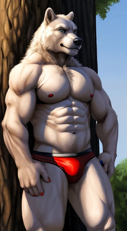 Muscular furry leaning against tree wearing speedos hands on hip