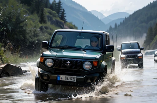 old suzuki jimny, driving away from a flash flood, violent water flow, excitement