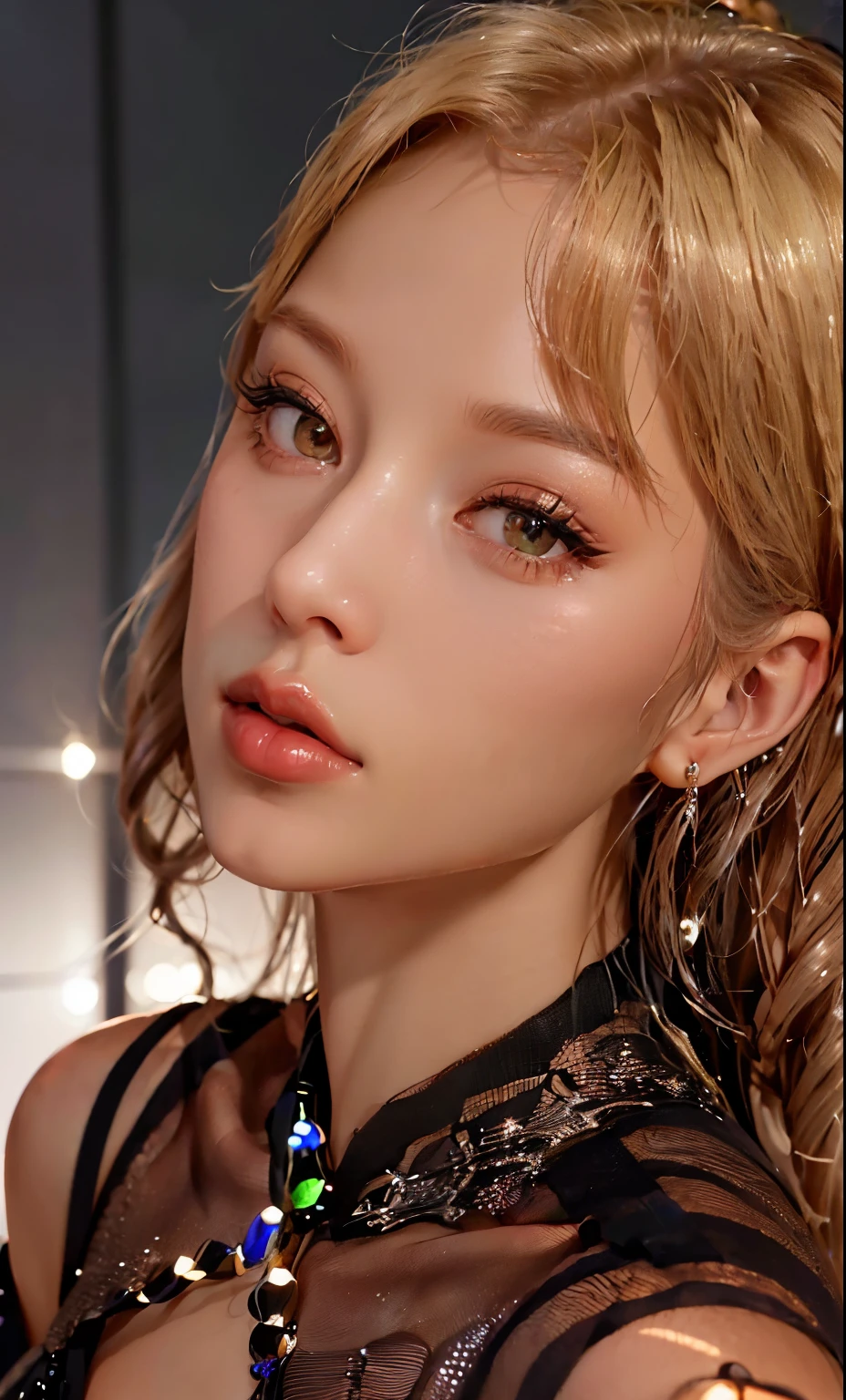 (8k, original photo, lifelike:1.25) ,( lip gloss, eyelash, sermon, shiny skin, best quality, ultra high definition, depth of field, Color difference, Caustics, Extensive lighting, natural shadow,kpop idol) Looking at the audience with goddess-like tranquility and happiness,