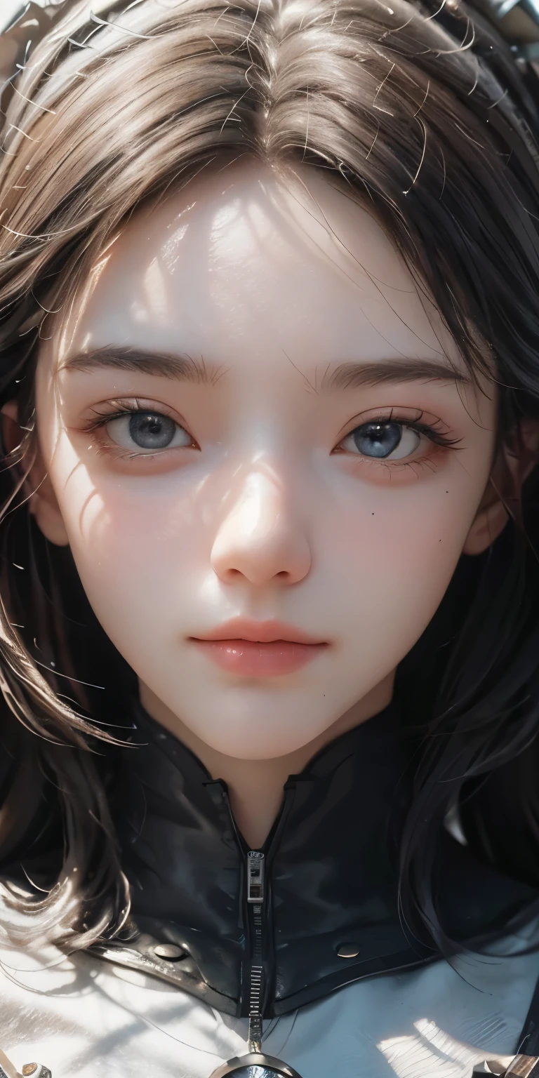 (8k, best quality, masterpiece: 1.2), (Reality, photo Reality: 1.37), best quality, masterpiece, Unite, extremely delicate and beautiful, Pure desire for the wind, Very detailed, Astonishing, detailed details, masterpiece, best quality, Very detailed, beautiful girl, Very detailed Eye and face, beautiful detailed Eye, Menko, white hair,Symmetrical front view close-up head shot, Eye, symmetrical face, Very clear focus, lifelike, Award-winning matte painting, movie lighting, octane rendering, Unreal Engine dimensioning, dtx, (ulzzang-6500:1.6)