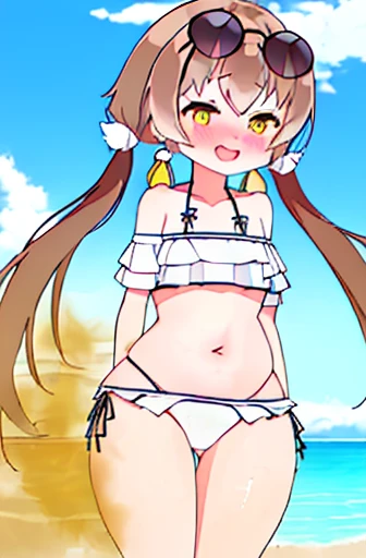 Highest image quality、masterpiece、High resolution、solo、{hifumi_bluearchive:1.15}、long hair、twin tails、ローtwin tails、yellow eyes、light brown hair、blush、open mouth、bangs、smile、clavicle、1 girl、bikini、noon、wears glasses on head、frills付きbikini、frills、null、sunglasses、swimsuit、白bikini、cloud、belly button、field、青null、Ocean、feminine smell、Farts、embarrassing、My stomach is growling、Gas comes out of the butt、attach butt and beach ball