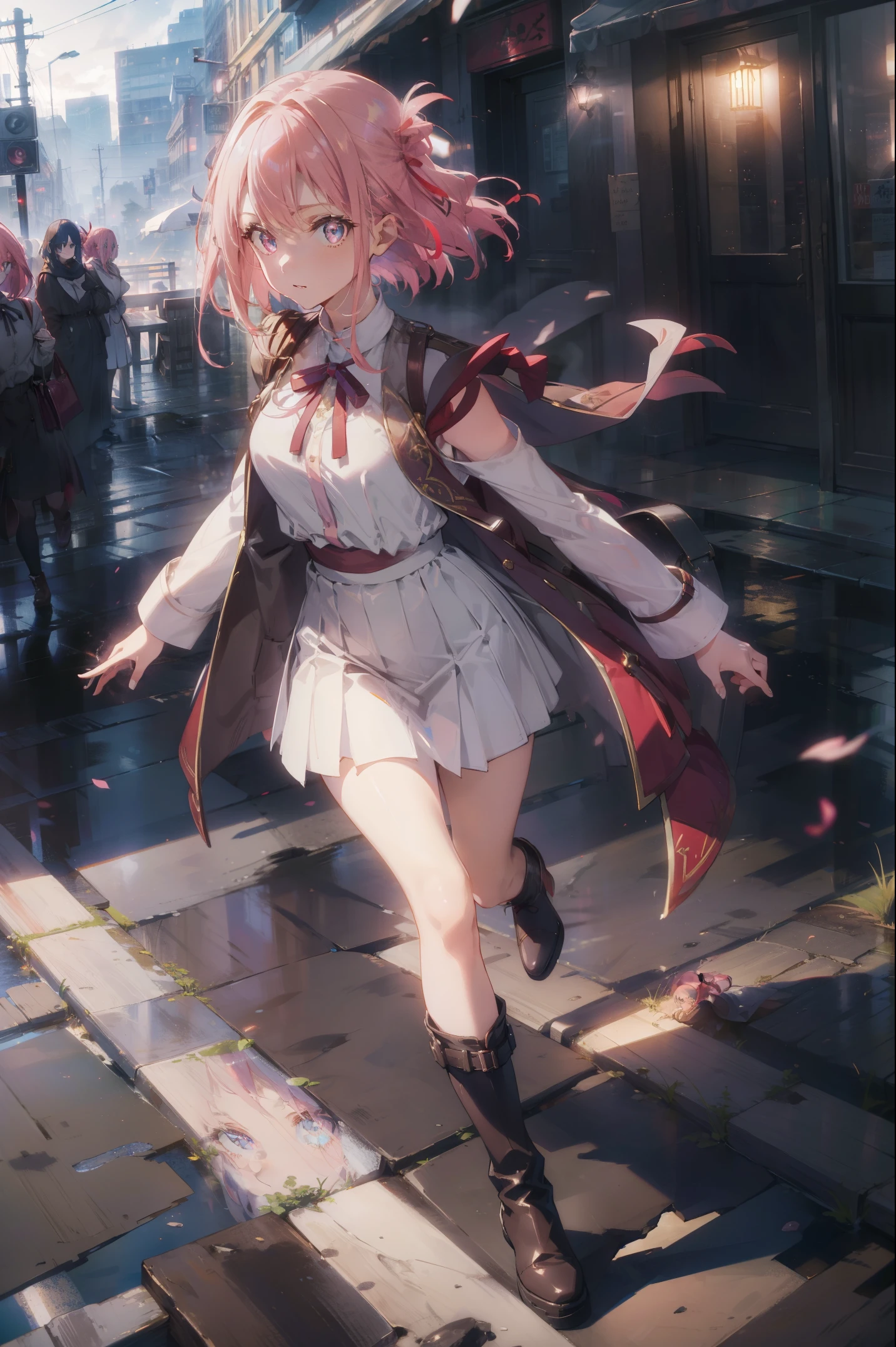 lacusclyne, lacus clyne, blue eyes, hair ornament, long hair, wave hair ornament, pink hair, ponytail, hair ribbon, hair clip,
BREAK ankle boots, black robe, boots, coat, long sleeves, red ribbon, ribbon, robe, sidelocks, sleeveless coat, white coat, white footwear,
BREAK outdoors, city,
BREAK looking at viewer, BREAK (masterpiece:1.2), best quality, high resolution, unity 8k wallpaper, (illustration:0.8), (beautiful detailed eyes:1.6), extremely detailed face, perfect lighting, extremely detailed CG, (perfect hands, perfect anatomy),