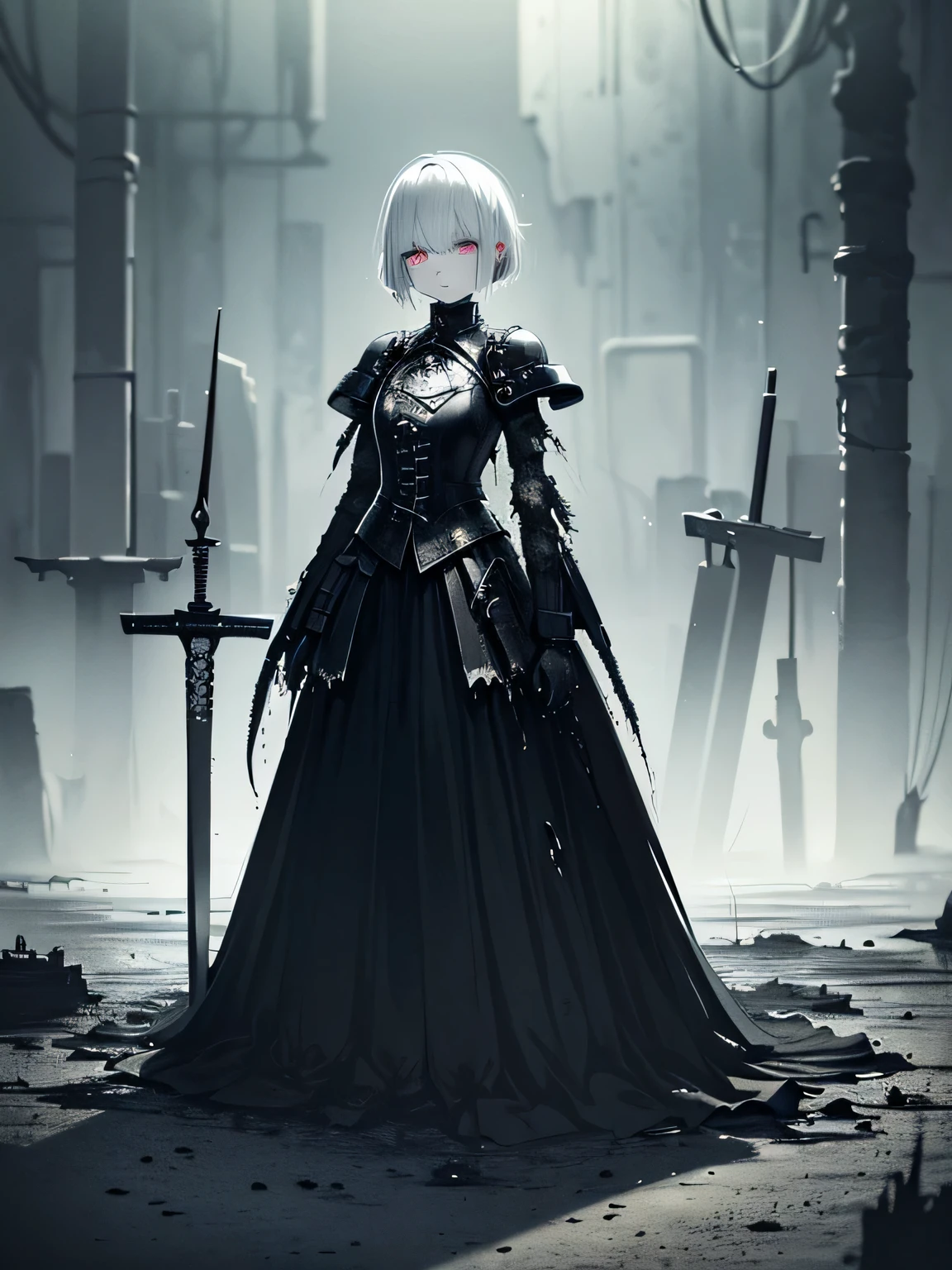 (dark biopunk art), ((hopeless tentacle horror fantasy)), dark anime girl, short white hair, ((dark black liquid eyes)), black wounds, ((broken massive broad sword)), broken steel skirt, (cracked long iron skirt), broken breastplate, black oil fluids, devastated environment, old shelter, desolated, very detailed art, very detailed background