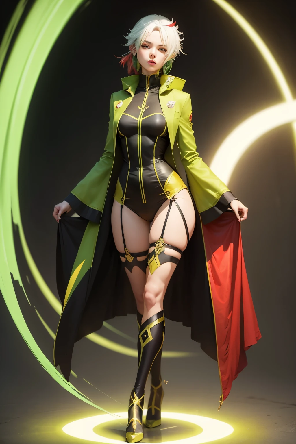 Rogue unsing leg sexy original style in full body in foot circle, fantasy, style green and yellow suit, red and white hair,
