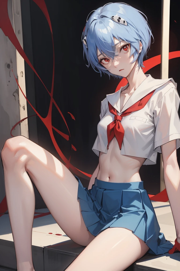 reiayanami, rei ayanami,naked体,nipple,full nude,All nude,whole body,Tattered school uniform,spread your legs and expose your crotch, blue hair, short hair, (red eyes:1.5),small breasts,small breasts,underwear exposed,Torn school uniform, short sleeve, short-sleeved skirt torn to shreds,naked,nakedで服を広げる