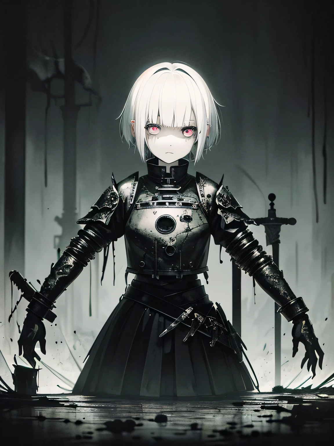 (dark biopunk art), ((hopeless tentacle horror fantasy)), dark anime girl, short white hair, ((dark black liquid eyes)), black wounds, ((broken massive broad sword)), broken steel skirt, (cracked long iron skirt), broken breastplate, black oil fluids, devastated environment, old shelter, desolated, very detailed art, very detailed background