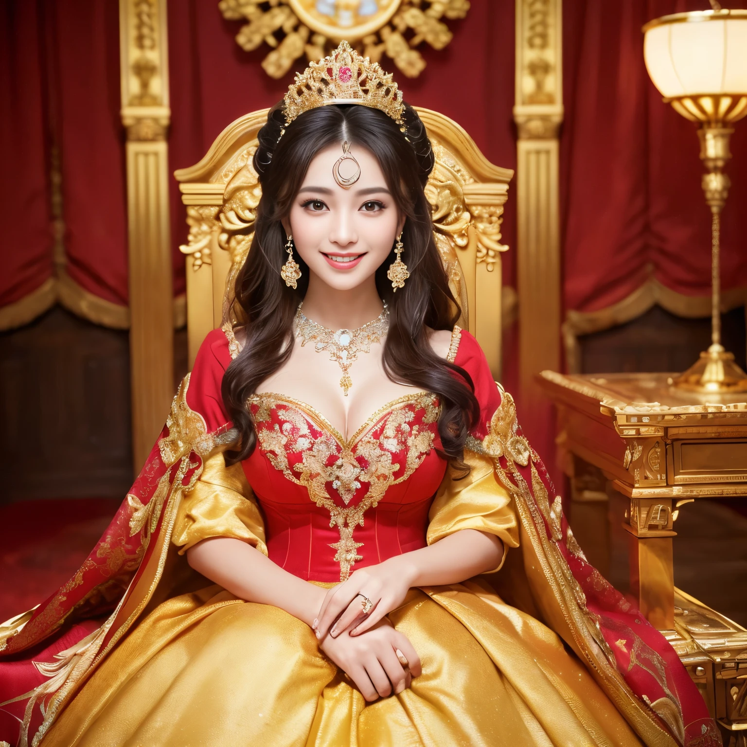 (((highest quality, debris flies, ultra high resolution、the most complex and detailed depiction、Awards, 8K、It's bright and vivid)))、((1 Japan princess,pregnancy,The ultimate luxury with everything you can imagine,The most gorgeous costumes in red and gold and white,Red and gold costume,超巨大なthroneに座る,The most intricate and luxurious luxury princess room,shine intricately,Golden glow,Front fixed,The best smile staring at the camera,Please smile big,Smile affectionately at me,Shooting from close to the face)),((最もゴージャスなthrone,Large amount of gilded decorations,Artistic gilded decoration,large amount of jewelry decoration,The largest giant tiara in the world,detailed jewelry,detailed decoration,Glitter costumes,shining jewel,Golden sculpture,Giant Gold,Huge decoration,giant costume,Huge sleeves,artistic decoration,very detailed decoration,very intricate decoration)),(big and full breasts,be familiar with,royal, majestic, Queen, empress quality,table top, intricate details,realistic,, front close-up, throne, Upright posture, be familiar with顔,perfect teeth,white teeth,finely描かれた顔,beautiful face,perfect fingers,exact 5 fingers,High-definition RAW color photo, professional photos, very delicate and beautiful, very detailed,finely)), (Huge and magnificent seats:1.2),