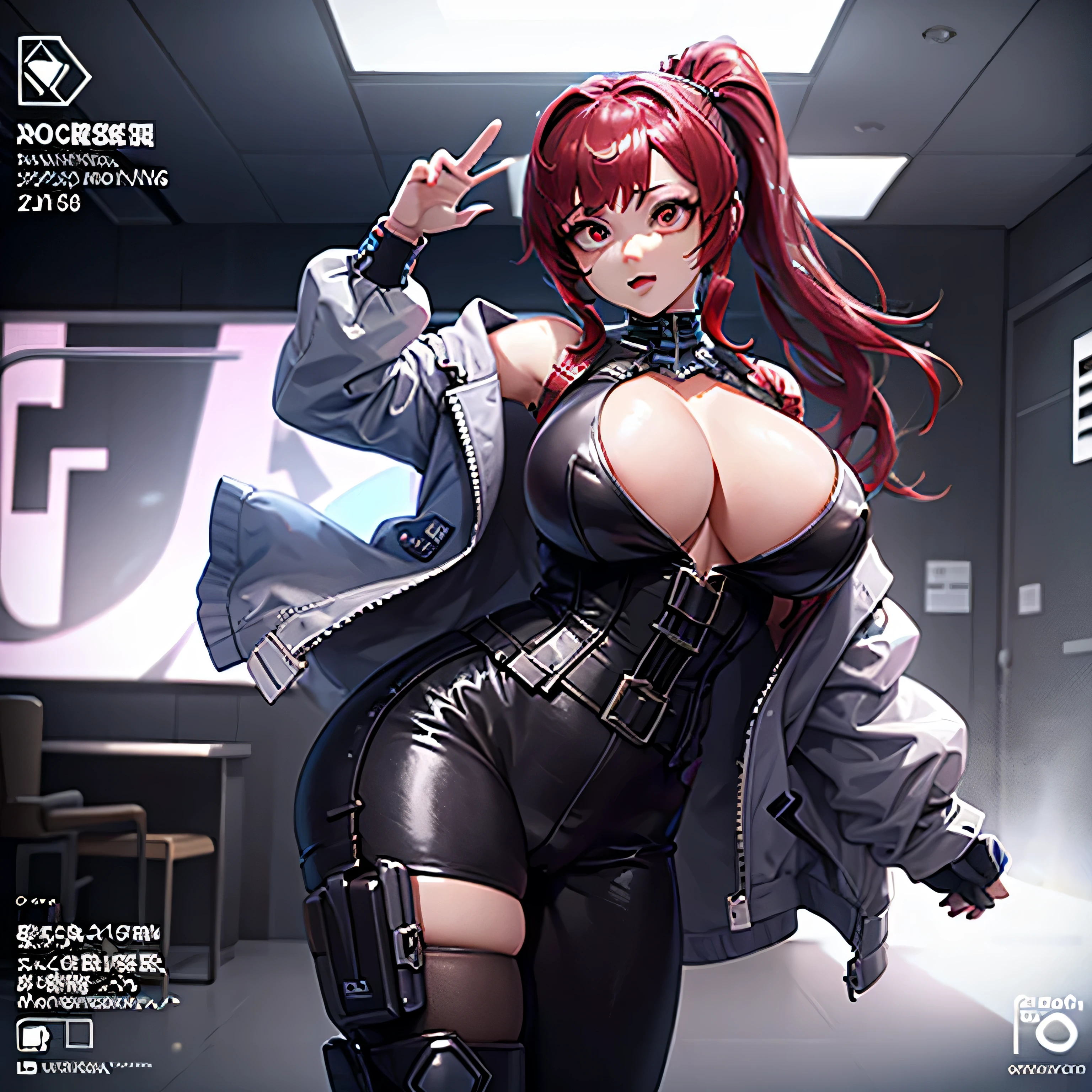 only 1 adult sexy woman, big hips in a corset and a black and white outfit, massive breast, high ponytail, red eyes, with Fishnet on breasts, humble outfit, wearing techwear and armor, cyberpunk outfit, wearing japanese techwear, intriguing outfit, all black cyberpunk clothes, cyberpunk style outfit, female cyberpunk anime girl, cyberpunk streetwear, cyberpunk dress, anime girl , photograph of a techwear woman, cyberpunk anime girl, wearing cyberpunk streetwear, normal proportion of an adult woman, not too short or fat, the whole pic in purple tones
