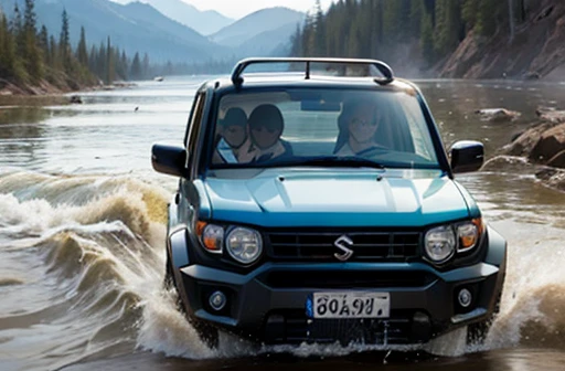 old suzuki jimny, driving away from a flash flood, violent water flow, excitement