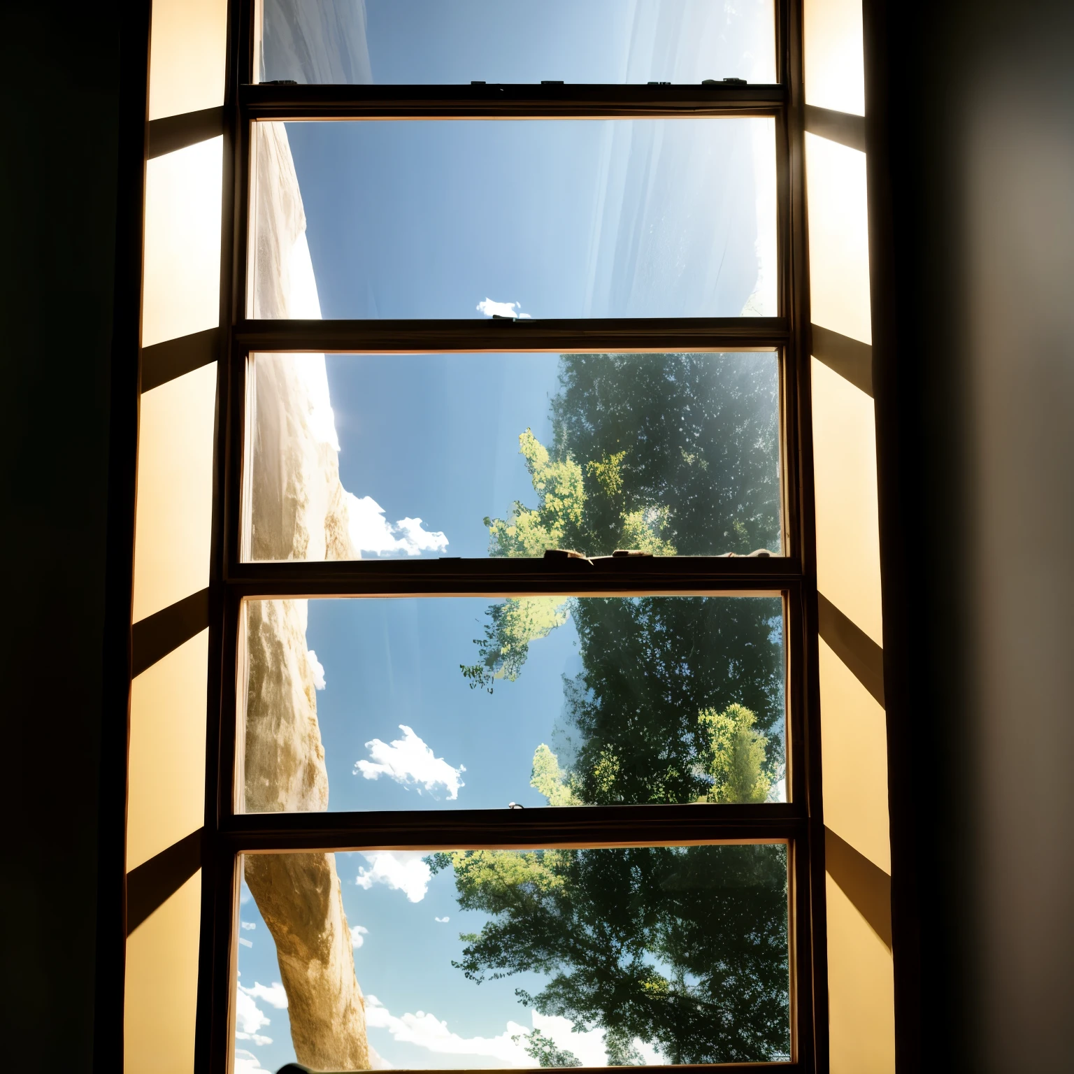 arafed window with a man standing in the window sill, glass panes, glass window, window at the center, glass windows, large window, natural light window, view from inside, large glass windows, dirty windows, centered wide framed window, light coming from windows, cracked picture window, window in foreground, looked at big window, light coming through the window. Give unrealistic futuristic effect