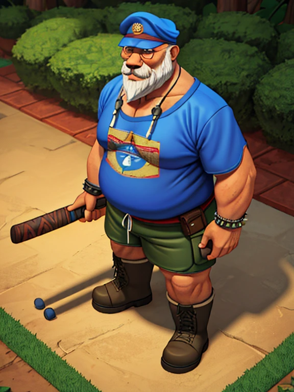 A detailed illustration only plump Chubby fat belly large morbid Plump elderly old bearded gray-haired age 65, furry wolf huge, morbidly plump, extremely thick thighs wearing only red swim trunks, He wears a bandana around his neck, long military boots, several nordic bracelets on the wrist, torn and dirty t-shirt he holds a baseball bat full of huge steel spikes
, Design de camiseta, Splashing Tree Leaves, Design de camiseta, pastel tetradic colors, arte 3D vetor, fofo e peculiar, arte de fantasia, efeito aquarela, Bokeh, Ilustrador Adobe, handdrawn, pintura digital, baixo poli, soft lighting, Aerial view, isometric style, retro aesthetics, focado no personagem, 4k resolution, photorealistic rendering, usando Cinema 4D