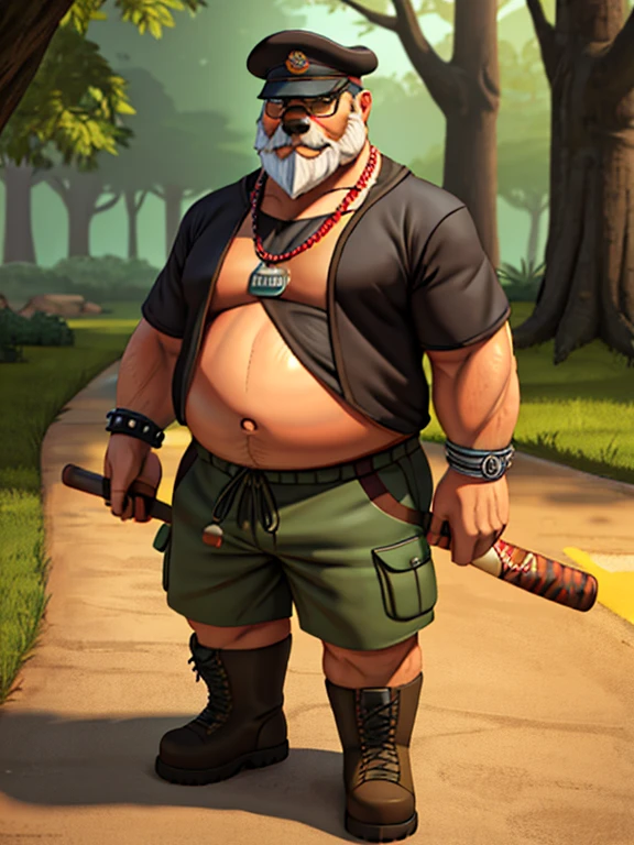 A detailed illustration only plump Chubby fat belly large morbid Plump elderly old bearded gray-haired age 65, furry wolf huge, morbidly plump, extremely thick thighs wearing only red swim trunks, He wears a bandana around his neck, long military boots, several nordic bracelets on the wrist, torn and dirty t-shirt he holds a baseball bat full of huge steel spikes
, Design de camiseta, Splashing Tree Leaves, Design de camiseta, pastel tetradic colors, arte 3D vetor, fofo e peculiar, arte de fantasia, efeito aquarela, Bokeh, Ilustrador Adobe, handdrawn, pintura digital, baixo poli, soft lighting, Aerial view, isometric style, retro aesthetics, focado no personagem, 4k resolution, photorealistic rendering, usando Cinema 4D