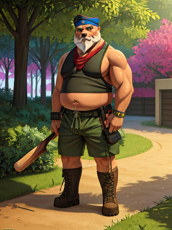 A detailed illustration only plump Chubby fat belly large morbid Plump elderly old bearded gray-haired age 65, furry wolf huge, morbidly plump, extremely thick thighs wearing only red swim trunks, He wears a bandana around his neck, long military boots, several nordic bracelets on the wrist, torn and dirty t-shirt he holds a baseball bat full of huge steel spikes
, Design de camiseta, Splashing Tree Leaves, Design de camiseta, pastel tetradic colors, arte 3D vetor, fofo e peculiar, arte de fantasia, efeito aquarela, Bokeh, Ilustrador Adobe, handdrawn, pintura digital, baixo poli, soft lighting, Aerial view, isometric style, retro aesthetics, focado no personagem, 4k resolution, photorealistic rendering, usando Cinema 4D