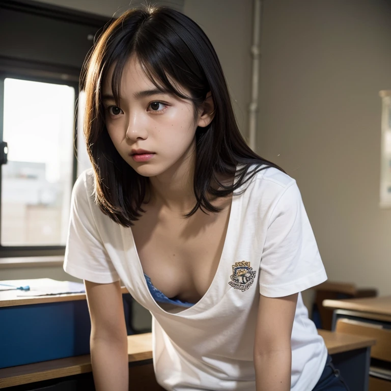 1girl, downblouse, yo, munechira, small breasts,  small chest,  looking away,  leaning forward,  expressionless,  casual t shirt plus decorated detailed bra within, desk, school,