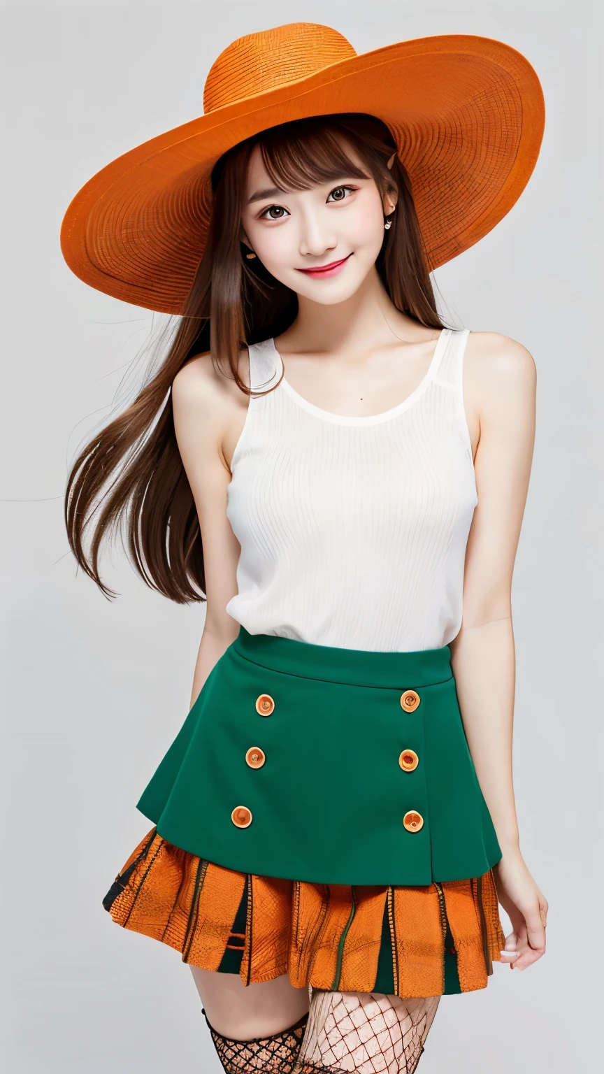(best quality, ultra-high resolution, real, photorealistic:1.4, 8K), BREAK, a japanese girl, solo, (full body:1.4), BREAK, detailed hair, brown hair, hyper-detailed face, hyper-detailed skin, white skin, brown eyes, blushing cheeks, detailed red lips, slender, standing, drunk, smile, BREAK, (detailed clothings, an orange-shaped hat:1.3, orange-colored uniform:1.2, butterfly, no sleeves, a green cute skirt:1.1, red fishnet stockings on her calves:1.3), BREAK, (looking at the camera:1.1, white background), natural lighting
