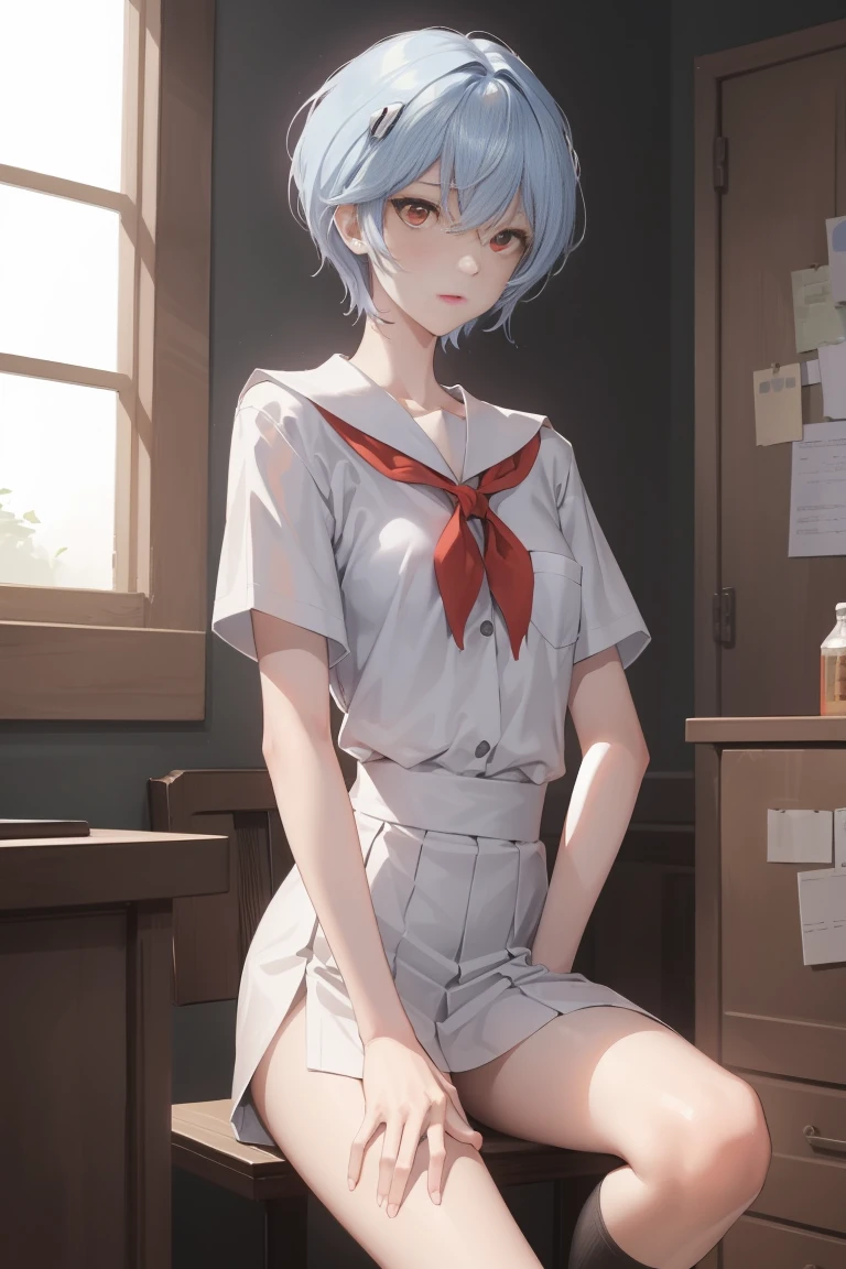 reiayanami, rei ayanami,naked体,exposed nipples,full nude,All nude,whole body,Tattered school uniform,spread your legs and expose your crotch, blue hair, short hair, (red eyes:1.5),small breasts,small breasts,underwear exposed,Torn school uniform, short sleeve, short-sleeved skirt torn to shreds,naked,nakedで服を広げる