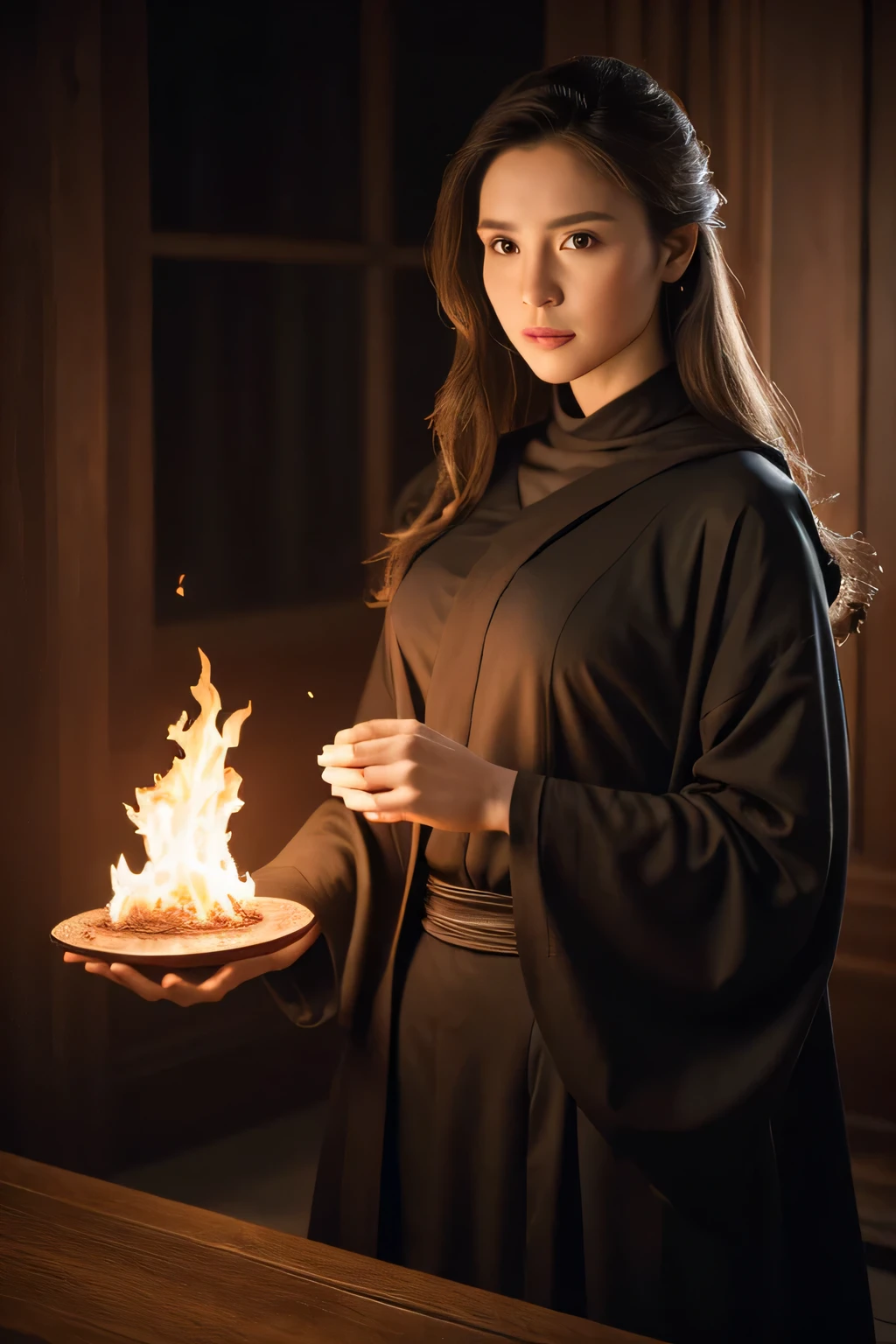 (highest quality,8K,masterpiece),
dynamic shot,magician,Pose with movement,dynamic pose,
emit a large flame from your hands,
perfect face,realistic skin,perfect hands,
big breasts,
Wearing monk's clothes,Detailed details,intricate details,
professional lighting,
In Building,ancient city,Luxurious castle