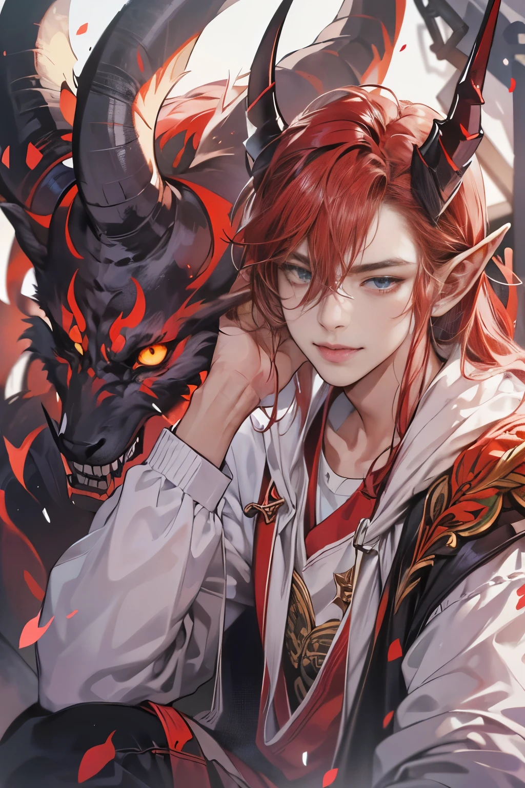 (table top, digital art, digital illustration, 4K, 8K, super detailed, beautiful images, clear image, realistic, RAW photo, perfect face, perfect lines, perfect eyes, soft lighting) 1 male human, (Red hair、long hair、amber eyes,messy hair、Bullish look,Smile confidently、Demons、Two black horns grow from its head.、Pointed elf-like ears、32 years old:1.3),ハンサムなmale性, (White t-shirt with dowel dowel、vest、muscular、Thin macho,Firm shoulder width, male:1.2),Sit on a throne with your legs crossed、The king、Demon King