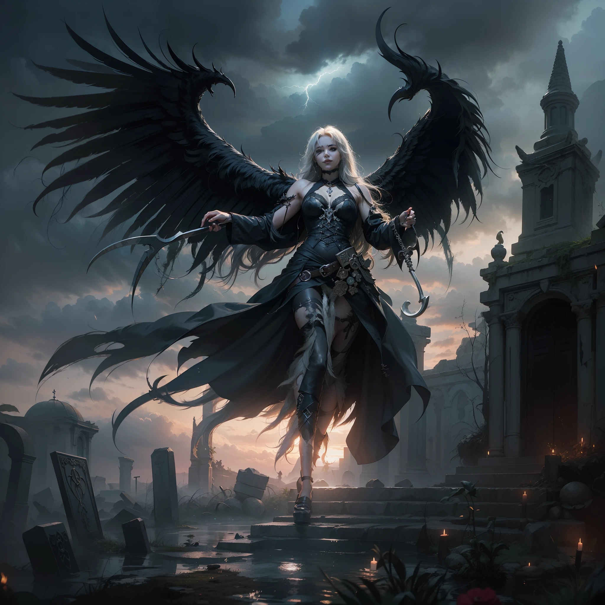 (Numerous award-winning masterpieces, with incredible detail, textures and maximum detail), (hyper realistic:1.4), (realistic:1.3), (best quality real texture skin), (finely detailed true circle eyes), (finely Detailed and beautiful face:1.6), ((medieval world)), (grim reaper:1.4), (icy look in the eye), (she has a nasty smile on her face but her eyes aren't smiling:1.3), (It has a soul-reaping scythe in its hand:1.5), (Eyes that glow red in the dark), (Dramatic Light), (A majestic sight), Her countenance is gentle and beautiful, but somehow terrifying, (Large wings with ragged black feathers behind shoulders:1.3), (Wears a dark black hooded robe with intricate patterns:1.2), (A sack containing reaped souls with a faint glow:1.3), Folded wings, Earrings with a skull pattern, (Followed by a skeleton knight behind:1.1), (((dramatic photo))), (twilight), (sunset), (dusk), ((dramatic pose)), (flamboyant photo), (golden hair), (silver hair), (chestnut hair), ((looks up)), ((looking down)), (gives full-body standing image:1.5), (Around her neck is a simple necklace of exquisite workmanship), Forgotten Tomb Overgrown with Vegetation, Great Tomb, Underground Labyrinth, Evil Temple Ruins, Sacrificial Temple, Mysteriously, (Magic Circle of Ominous Shine:1.2), Ancient Castle Ruins, Deserted Graveyard Ruins, Crumbled Ancient Tomb, Stagnant Water Ancient Ruins, Swamp Ruins, wavelets, running water, Shining majestic cloud masses and sky, lightning bolt,