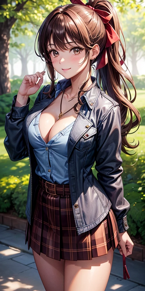 1girl, full body, solo, village, trees, brown hair, long hair, curly hair, ponytail, large breasts, button down shirt, worn out shirt, ((blue checked shirt)), ((unbuttoned shirt)), cleavage 1:3, brown eyes, ((opened brown zipper jacket)), leather jacket, ((red black skirt)), smile, looking at the viewer, touching neck, standng, hair ribbon, golden necklate