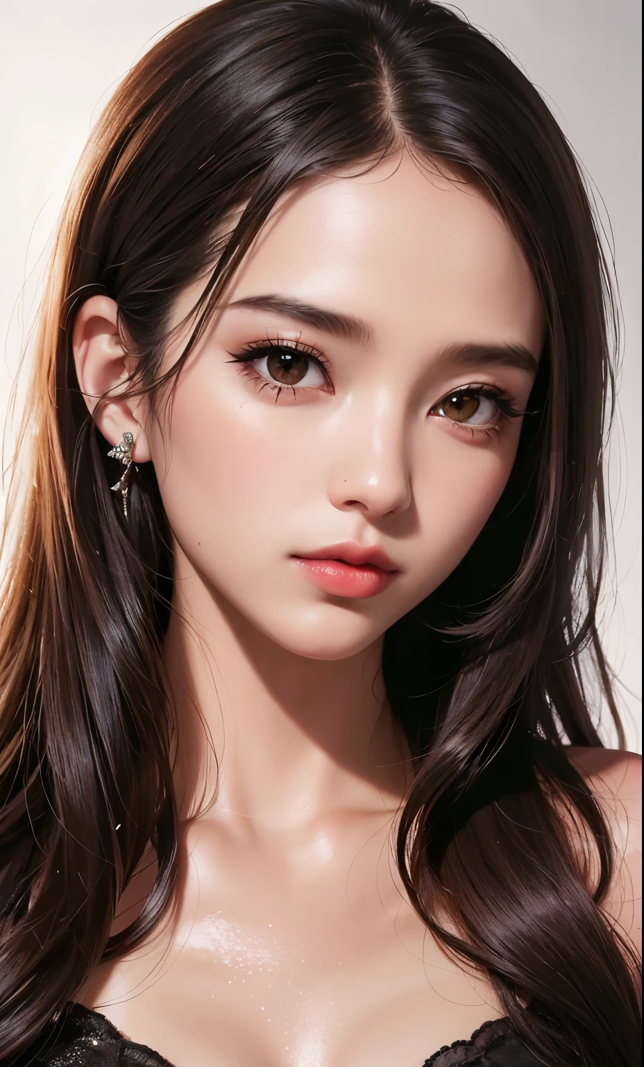 (8k, original photo, lifelike: 1.25), (lip gloss, eyelash, shining face, shiny skin, best quality, ultra high resolution, depth of field, Color difference, Caustics, wide lighting, natural shadow, kpop idol) The viewer looks on calmly, Goddess-like Xin, brown hair, clothing, wet