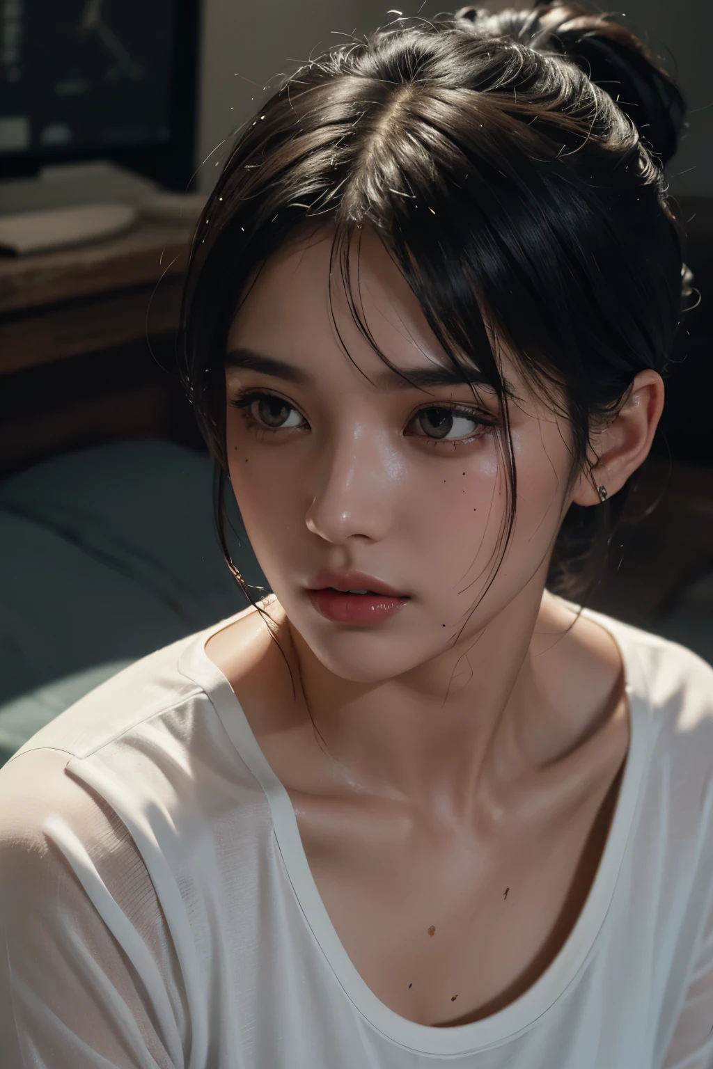 Han Sohi in white shirt, hair_Bangs, hair tied up, wet, posture
, Ultra actual actual Textures Dramatic Lighting Unreal Engine Pop on ArtStation, Winning photo, Nikon RAW photos, 8k, XT3, masterpiece, best quality, actual, actual, Super detailed, extremely detailed face, broken to pieces