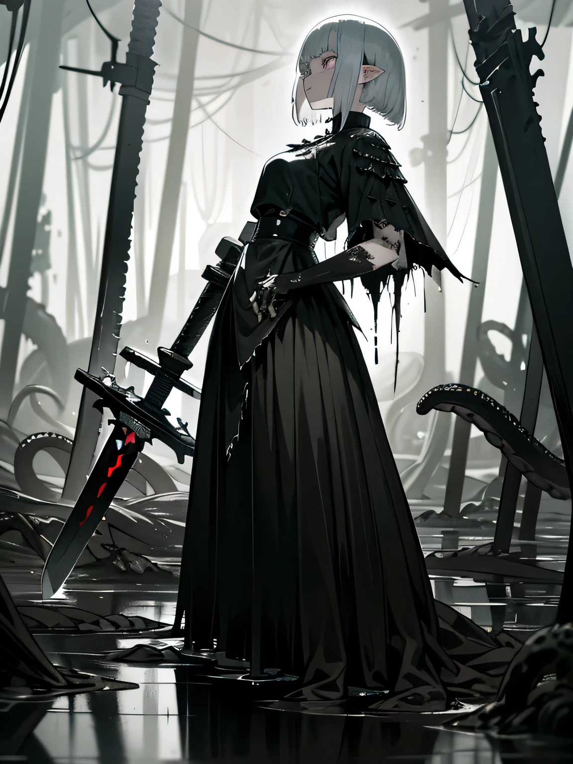 (dark biopunk art), ((hopeless tentacle horror fantasy)), dark anime girl, short white hair, ((dark black liquid eyes)), black wounds, ((broken massive broad sword)), broken steel skirt, (cracked long iron skirt), broken breastplate, black oil fluids, devastated environment, old shelter, desolated, very detailed art, very detailed background