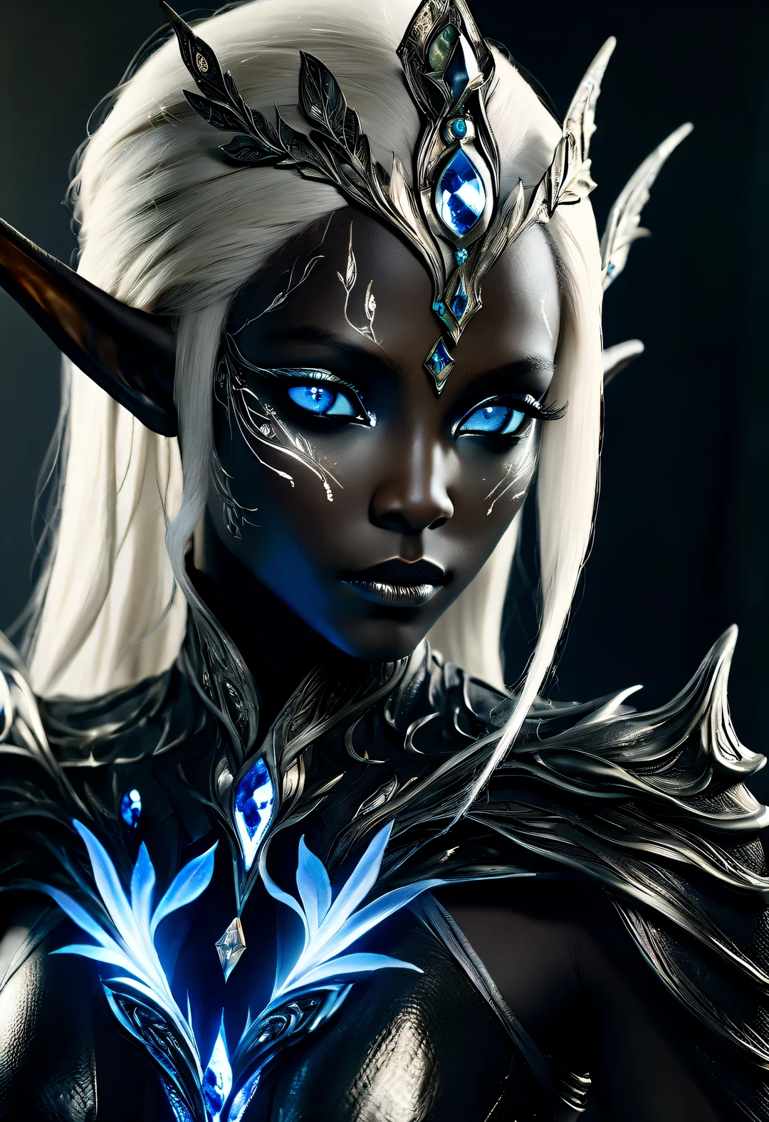 Charming nordic dark elf closeup portrait, Blonde hair, blue eyes, Exceptionally beautiful, minimalist, eternal melancholy, Stylish photography style, Dramatic firefly light, black to black. Dark elves have dark skin and silver hair, This  a symbol of evil asymmetrical composition, concept fantasy, intricate details