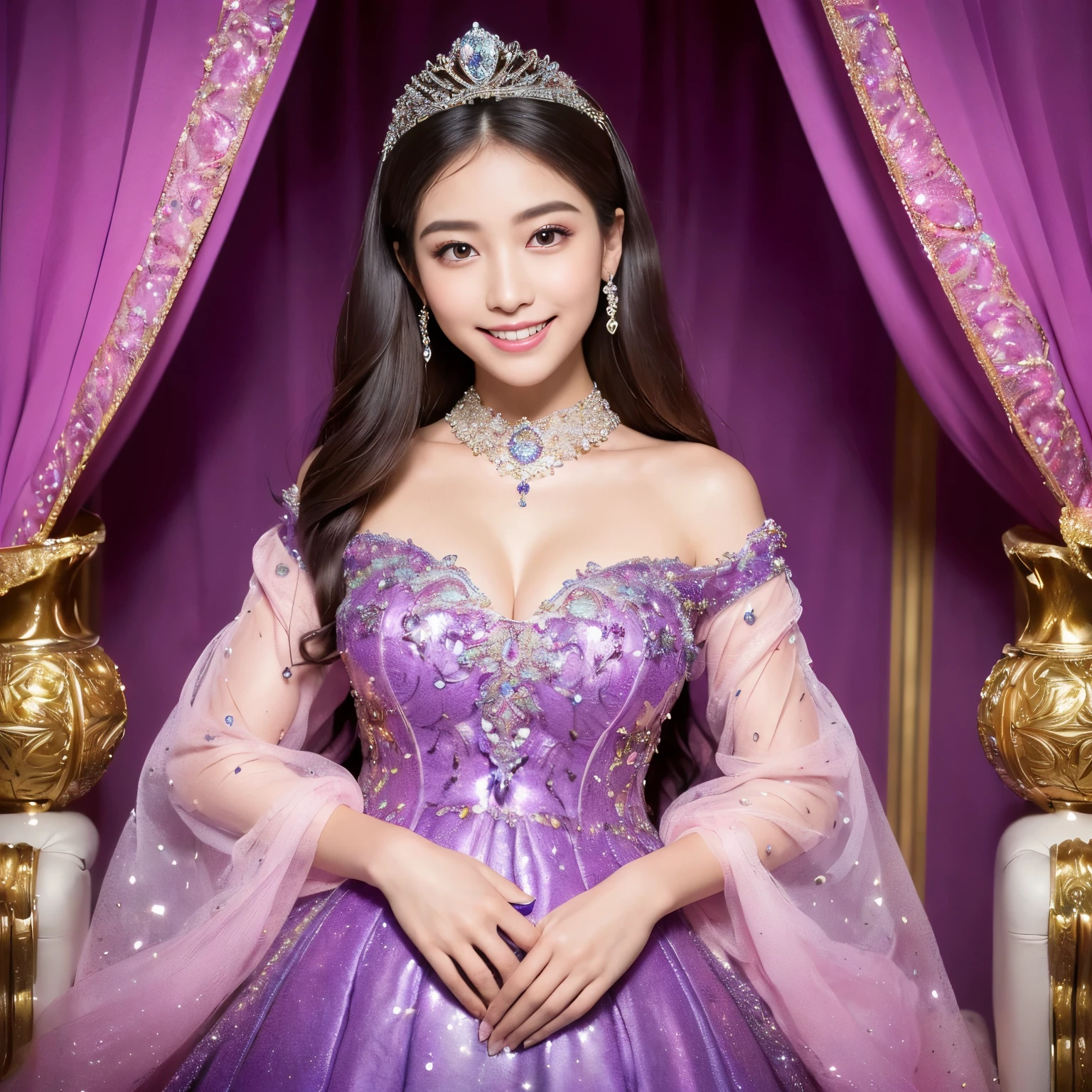 (((highest quality, debris flies, ultra high resolution、the most complex and detailed depiction、Awards, 8K、bright and vivid)))、((1 Japan princess,pregnancy,The ultimate luxury with everything you can imagine,The most gorgeous costumes in purple and pink,purple and pink costume,超巨大なthroneに座る,The most intricate and luxurious luxury princess room,shine intricately,purple and pink sparkle,Front fixed,The best smile staring at the camera,Please smile big,Smile affectionately at me,Shooting from close to the face)),((最もゴージャスなthrone、Highest quality purple and pink costumes、large amount of jewelry decoration,The largest giant tiara in the world,detailed jewelry,detailed decoration,Glitter costumes,shining jewel、Huge decoration,giant costume,Huge sleeves,artistic decoration,very detailed decoration,very intricate decoration)),(big and full breasts,be familiar with,royal, majestic, Queen, empress quality,table top, intricate details,realistic,, front close-up, throne, Upright posture, be familiar with顔,perfect teeth,white teeth,finely描かれた顔,beautiful face,perfect fingers,exact 5 fingers,High-definition RAW color photo, professional photos, very delicate and beautiful, very detailed,finely)), (Huge and magnificent seats:1.2),