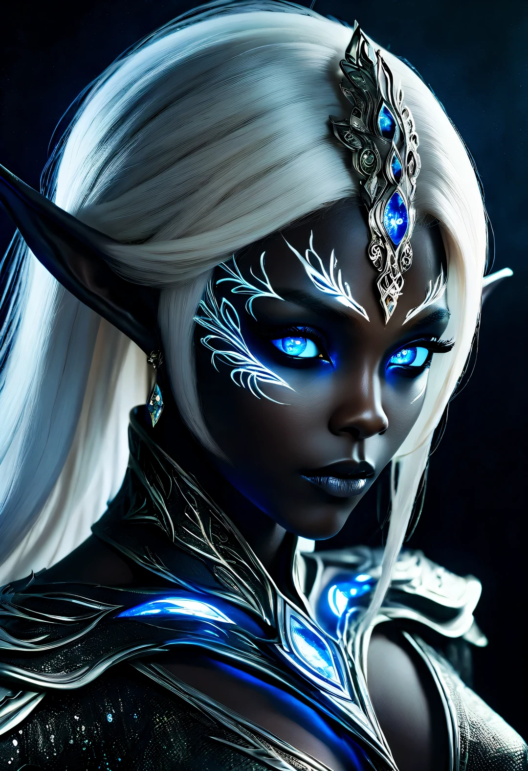 Charming nordic dark elf closeup portrait, Blonde hair, blue eyes, Exceptionally beautiful, minimalist, eternal melancholy, Stylish photography style, Dramatic firefly light, black to black. Dark elves have dark skin and silver hair, This a symbol of evil asymmetrical composition, concept fantasy, intricate details