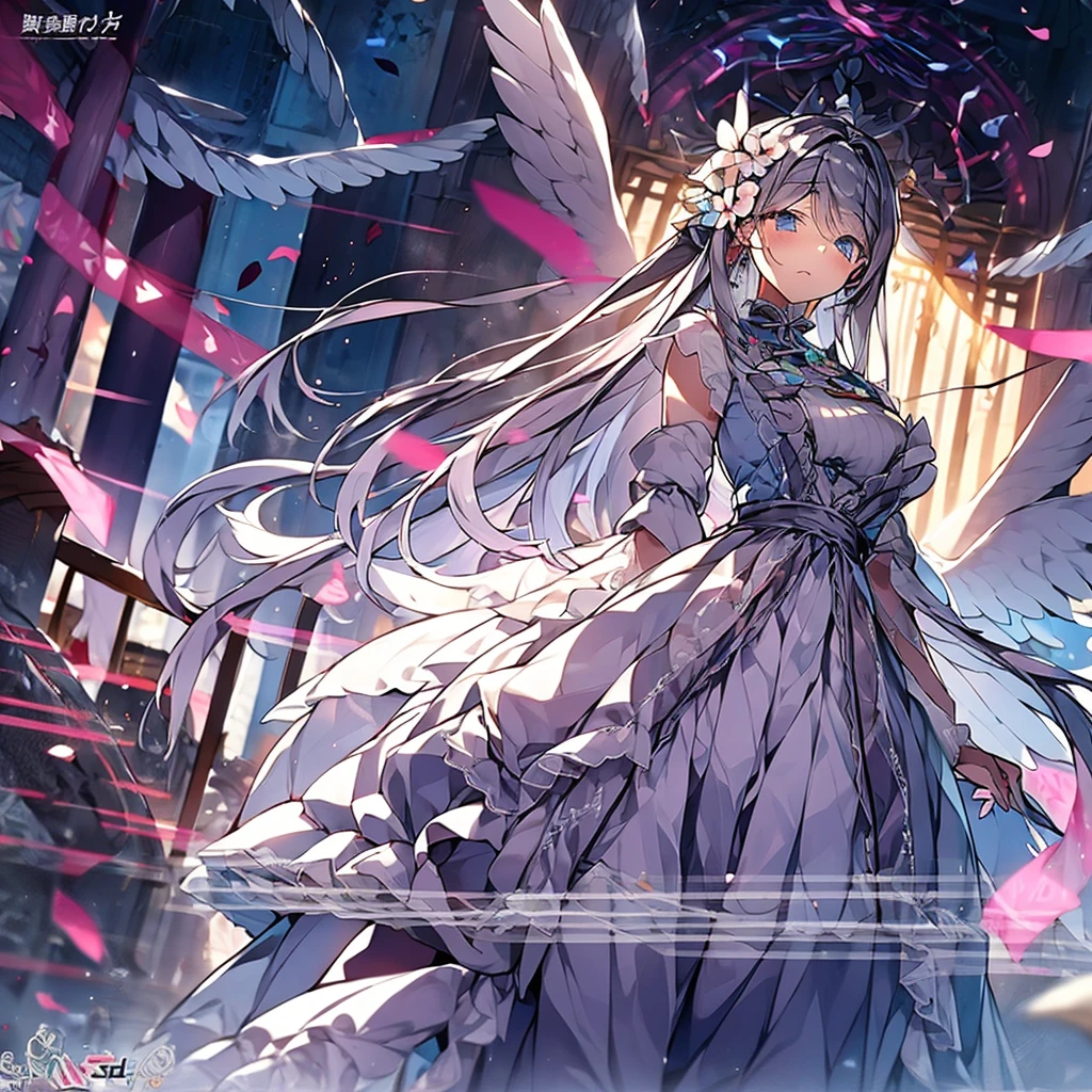 8K　4K　Beautiful images　masterpiece　Super high quality　wallpaper　beautiful少女　aristocratic dress　church　Light　angel wings　fantasy　one girl　1 girl　Beautiful　beautiful　flower　廃墟のchurch 超美麗　ultra high resolution　A Saint Full of Charity　Estrus　girl praying　Lightが降り注ぐ　silver hair　flower飾り　garter belt　white　Cang　fluttering wings　舞い散るflowerびら　blue eyes　whiteい翼　