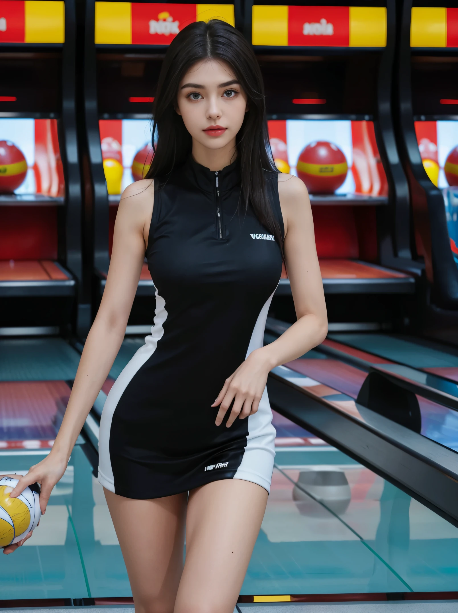 schwarzes Haar, Madison Beer, Nicola Cavanis, 8K, Top quality, Komplizierte Details, Ultra-Details, ultra high resolution, Meisterwerk, Nahaufnahme, (full entire body: 1.1), Schlank, smil, (Schminke: 0.4), (Flauschige blaue Augen: 1.21), blue Eyeull body)), 1girls, nur, 1 girl, full entire body, ((full entire body)), Nahaufnahme, , ((hoch)), (((fit body))), (((Schlankes Gesicht))), Scharfes Gesicht, Scharfes, augenloses Haar, Lange Haare)) , (detailliertes Gesicht), Scharfes Gesicht, kleine Lippen, standing, bowling outfit, (bowling outfit), ((bowling outfit)), (((bowling outfit))) detailliertes Gesicht, Detaillierte Brust, , large chest, detail, , Beautiful girl with accentuated slender abs: 1.4, Sixpack Bauchmuskeln: 1.4, Bust Botox, big, Perfect Body, Detail Bein, (((schwarzes Haar))), ((schwarzes Haar)), (schwarzes Haar), bowling, (bowling), ((bowling)), (((bowling))),