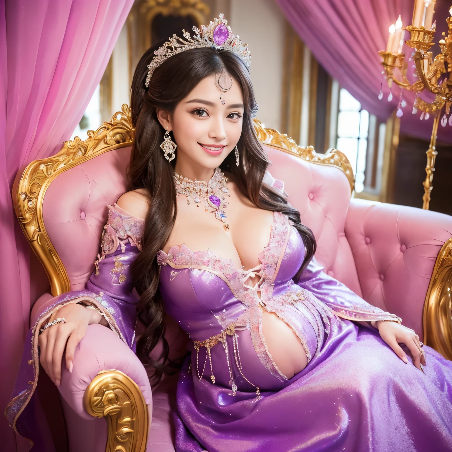 (((highest quality, debris flies, ultra high resolution、the most complex and detailed depiction、Awards, 8K、bright and vivid)))、((1 Japan princess,pregnancy,The ultimate luxury with everything you can imagine,The most gorgeous costumes in purple and pink,purple and pink costume,超巨大なthroneに座る,The most intricate and luxurious luxury princess room,shine intricately,purple and pink sparkle,Front fixed,The best smile staring at the camera,Please smile big,Smile affectionately at me,Shooting from close to the face)),((最もゴージャスなthrone、Highest quality purple and pink costumes、large amount of jewelry decoration,The largest giant tiara in the world,detailed jewelry,detailed decoration,Glitter costumes,shining jewel、Huge decoration,giant costume,Huge sleeves,artistic decoration,very detailed decoration,very intricate decoration)),(big and full breasts,be familiar with,royal, majestic, Queen, empress quality,table top, intricate details,realistic,, front close-up, throne, Upright posture, be familiar with顔,perfect teeth,white teeth,finely描かれた顔,beautiful face,perfect fingers,exact 5 fingers,High-definition RAW color photo, professional photos, very delicate and beautiful, very detailed,finely)), (Huge and magnificent seats:1.2),