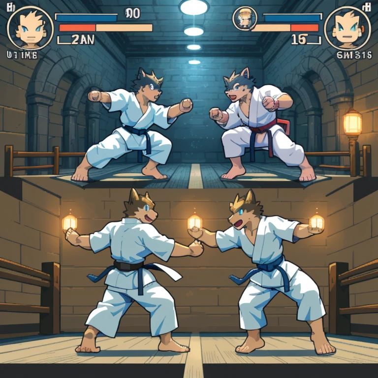 highres, absurdres(highly detailed beautiful face and eyes)perfect anatomy(kemono, furry anthro)(super handsome 2boys in karate gi, barefoot, pair)good lighting, cinematic shadow, detailed background, User Interface of Fighting game, dots game, pixel art, dungeon, Crisis, assorted poses, assorted expression, full body, sound effects, motion blur, from side,