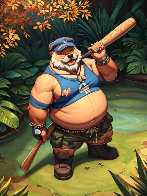 A detailed illustration only plump Chubby fat belly large morbid Plump elderly old bearded gray-haired age 65, furry wolf huge, morbidly plump, extremely thick thighs wearing only red swim trunks, He wears a bandana around his neck, long military boots, several nordic bracelets on the wrist, torn and dirty t-shirt he holds a baseball bat full of huge steel spikes
, Design de camiseta, Splashing Tree Leaves, Design de camiseta, pastel tetradic colors, arte 3D vetor, fofo e peculiar, arte de fantasia, efeito aquarela, Bokeh, Ilustrador Adobe, handdrawn, pintura digital, baixo poli, soft lighting, Aerial view, isometric style, retro aesthetics, focado no personagem, 4k resolution, photorealistic rendering, usando Cinema 4D