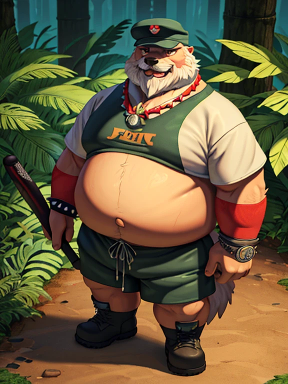 A detailed illustration only plump Chubby fat belly large morbid Plump elderly old bearded gray-haired age 65, furry wolf huge, morbidly plump, extremely thick thighs wearing only red swim trunks, He wears a bandana around his neck, long military boots, several nordic bracelets on the wrist, torn and dirty t-shirt he holds a baseball bat full of huge steel spikes
, Design de camiseta, Splashing Tree Leaves, Design de camiseta, pastel tetradic colors, arte 3D vetor, fofo e peculiar, arte de fantasia, efeito aquarela, Bokeh, Ilustrador Adobe, handdrawn, pintura digital, baixo poli, soft lighting, Aerial view, isometric style, retro aesthetics, focado no personagem, 4k resolution, photorealistic rendering, usando Cinema 4D