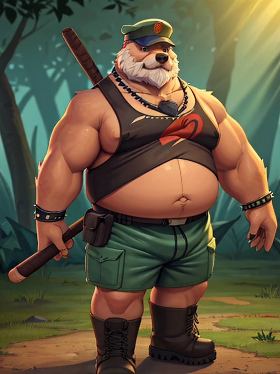 A detailed illustration only plump Chubby fat belly large morbid Plump elderly old bearded gray-haired age 65, furry wolf huge, morbidly plump, extremely thick thighs wearing only red swim trunks, He wears a bandana around his neck, long military boots, several nordic bracelets on the wrist, torn and dirty t-shirt he holds a baseball bat full of huge steel spikes
, Design de camiseta, Splashing Tree Leaves, Design de camiseta, pastel tetradic colors, arte 3D vetor, fofo e peculiar, arte de fantasia, efeito aquarela, Bokeh, Ilustrador Adobe, handdrawn, pintura digital, baixo poli, soft lighting, Aerial view, isometric style, retro aesthetics, focado no personagem, 4k resolution, photorealistic rendering, usando Cinema 4D