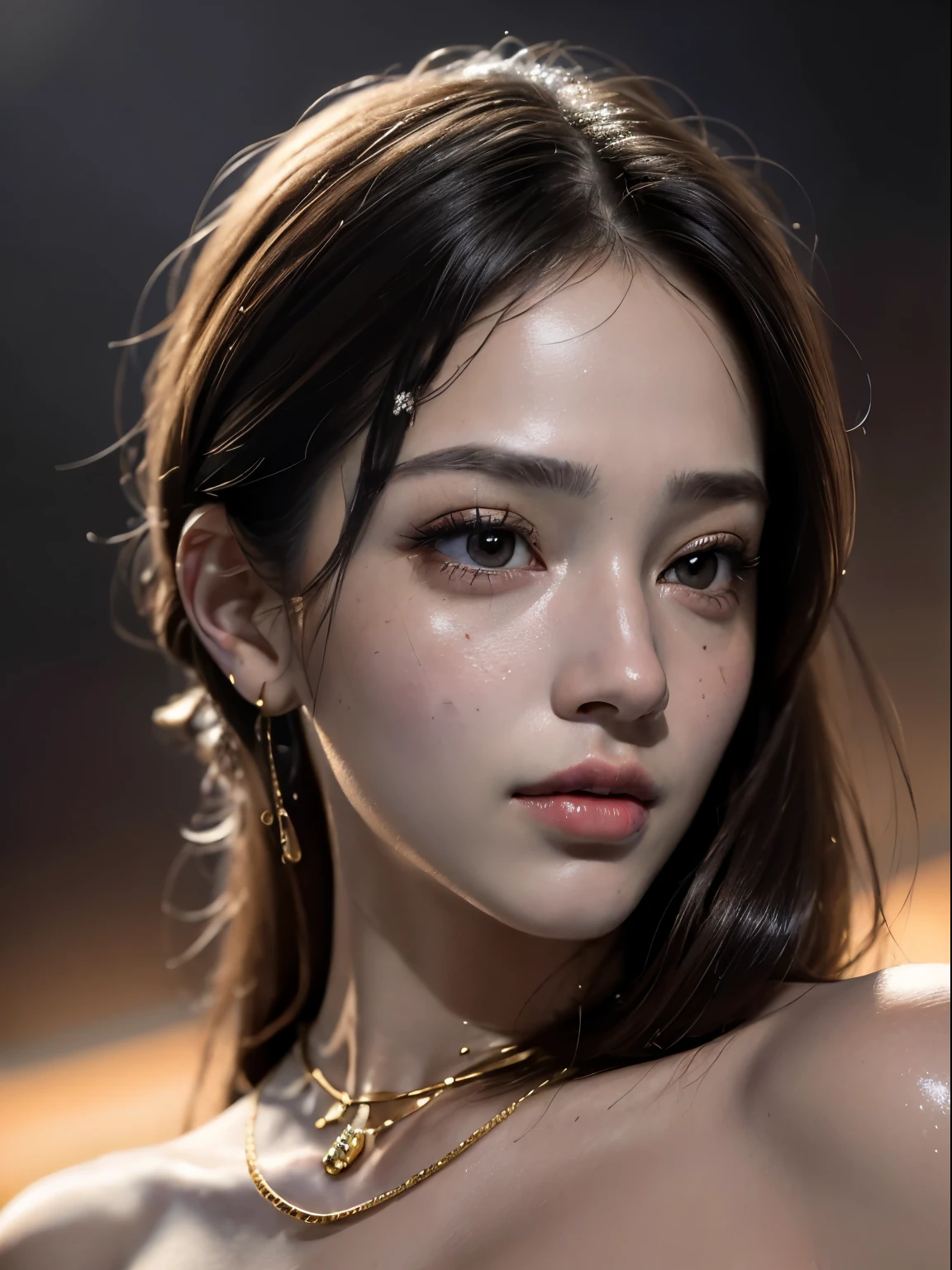 best quality, masterpiece, ultra high resolution, (Realistic portrait:2), 1 girl, nose, superwoman evening gown,Oily and shiny skin, Beautiful and delicate face, deep shadow, Detailed face, exquisite eyes, Oily and shiny skin, Sunset