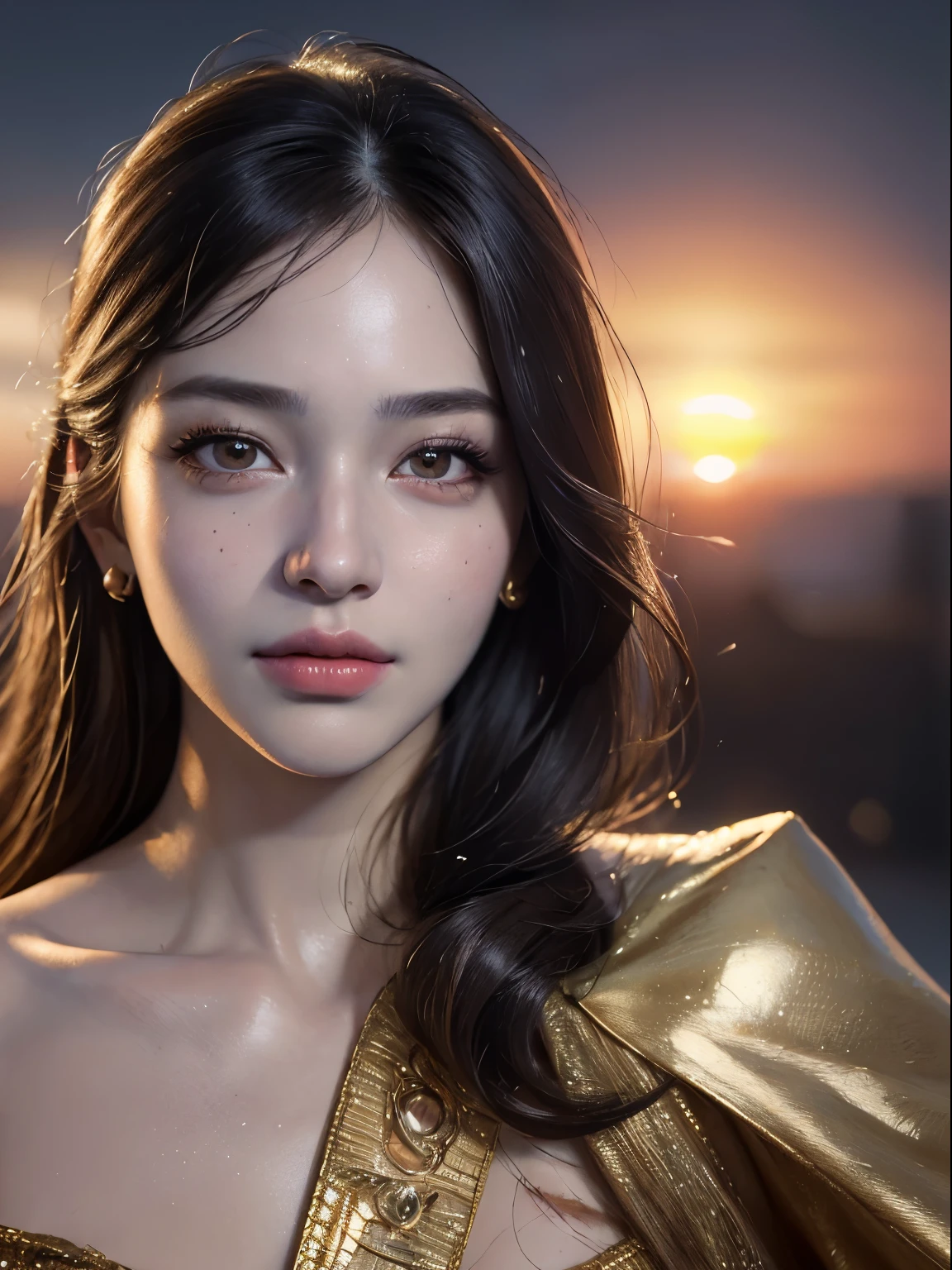 best quality, masterpiece, ultra high resolution, (Realistic portrait:2), 1 girl, nose, superwoman evening gown,Oily and shiny skin, Beautiful and delicate face, deep shadow, Detailed face, exquisite eyes, Oily and shiny skin, Sunset