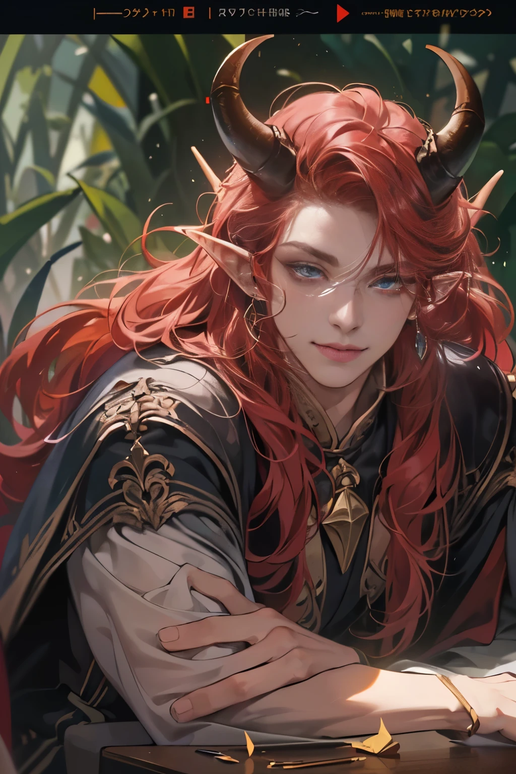 (table top, digital art, digital illustration, 4K, 8K, super detailed, beautiful images, clear image, realistic, RAW photo, perfect face, perfect lines, perfect eyes, soft lighting) 1 male human, (Red hair、long hair、amber eyes,messy hair、Bullish look,Smile confidently、Demons、Two black horns grow from its head.、Pointed elf-like ears、32 years old:1.3),ハンサムなmale性, (White t-shirt with dowel dowel、vest、muscular、Thin macho,Firm shoulder width, male:1.2),Sit on a throne with your legs crossed、The king、Demon King