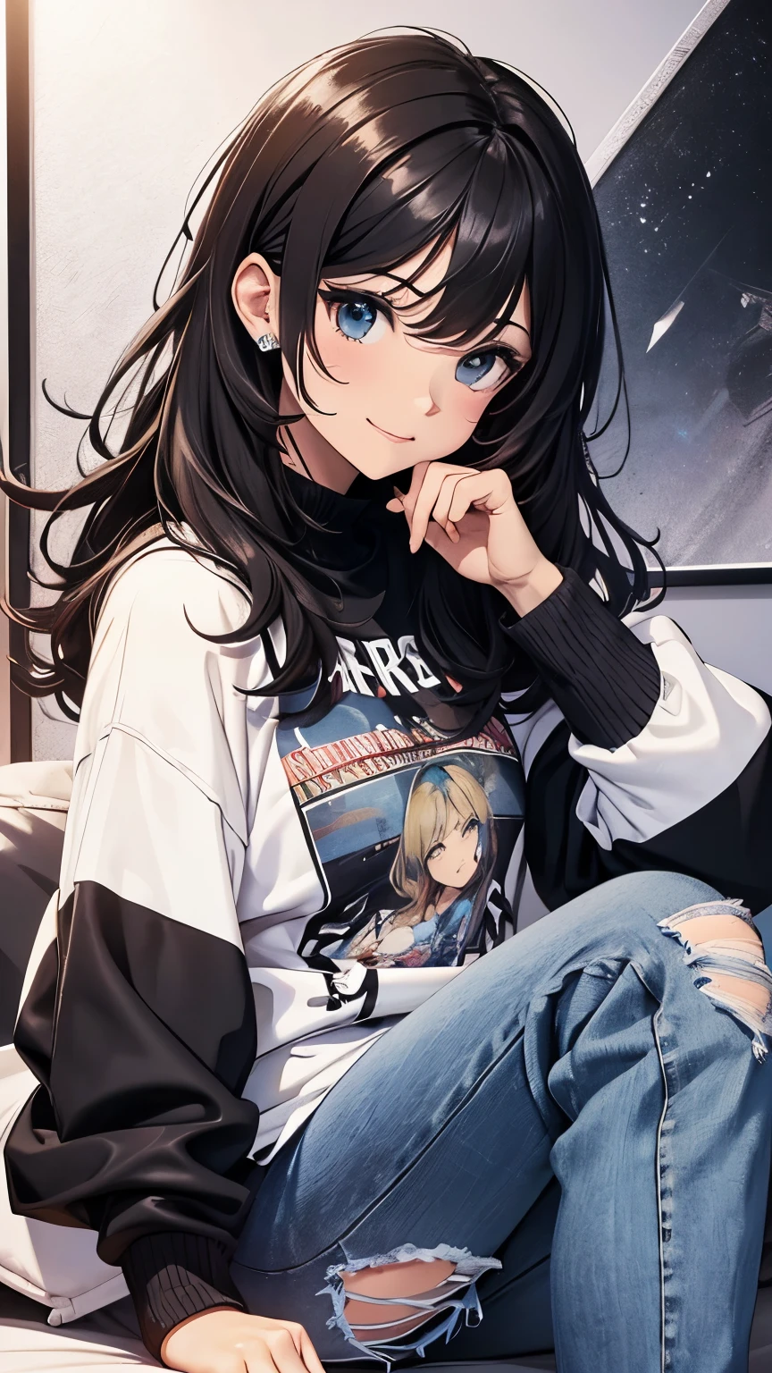 of the highest quality、Maximum image quality、obra maestra、Adolescente((18 years、 De modo que、chaleco busto、Busto medio,wide open chest tea、ojos negros, pelo negro、pelo largo、esbelto,highest valley、lindo maquillaje、Punk's most dressed smile、pintura facial azul、pintura de cara amarilla、pintura facial rosa、jeans desgastados、chaqueta desgastada、sujetador deportivo negro、pose de modelo)),alta calidad、hermoso arte、Fondo((white room、Large room、coche descapotable de lujo blanco)),pieza vuela、Depth of written limit、movie、arte visual、Arte perfecto、