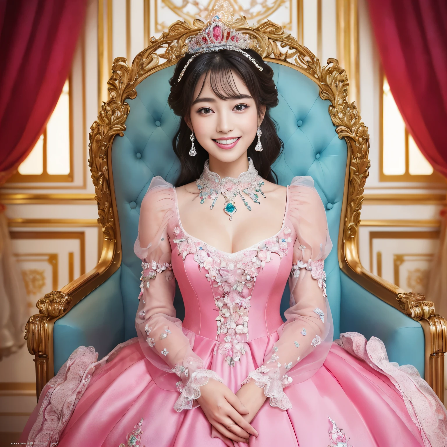 (((highest quality, debris flies, ultra high resolution、the most complex and detailed depiction、Awards, 8K、bright and vivid)))、((1 Japan princess,pregnancy,The ultimate luxury with everything you can imagine,The most gorgeous costumes in red and pink,red and pink costume,超巨大なthroneに座る,The most intricate and luxurious luxury princess room,shine intricately,light blue and pink shine,Front fixed,The best smile staring at the camera,Please smile big,Smile affectionately at me,Shooting from close to the face)),((最もゴージャスなthrone、High-end red and pink costumes、large amount of jewelry decoration,The largest giant tiara in the world,detailed jewelry,detailed decoration,Glitter costumes,shining jewel、Huge decoration,giant costume,Huge sleeves,artistic decoration,very detailed decoration,very intricate decoration)),(big and full breasts,be familiar with,royal, majestic, Queen, empress quality,table top, intricate details,realistic,, front close-up, throne, Upright posture, be familiar with顔,perfect teeth,white teeth,finely描かれた顔,beautiful face,perfect fingers,exact 5 fingers,High-definition RAW color photo, professional photos, very delicate and beautiful, very detailed,finely)), (Huge and magnificent seats:1.2),
