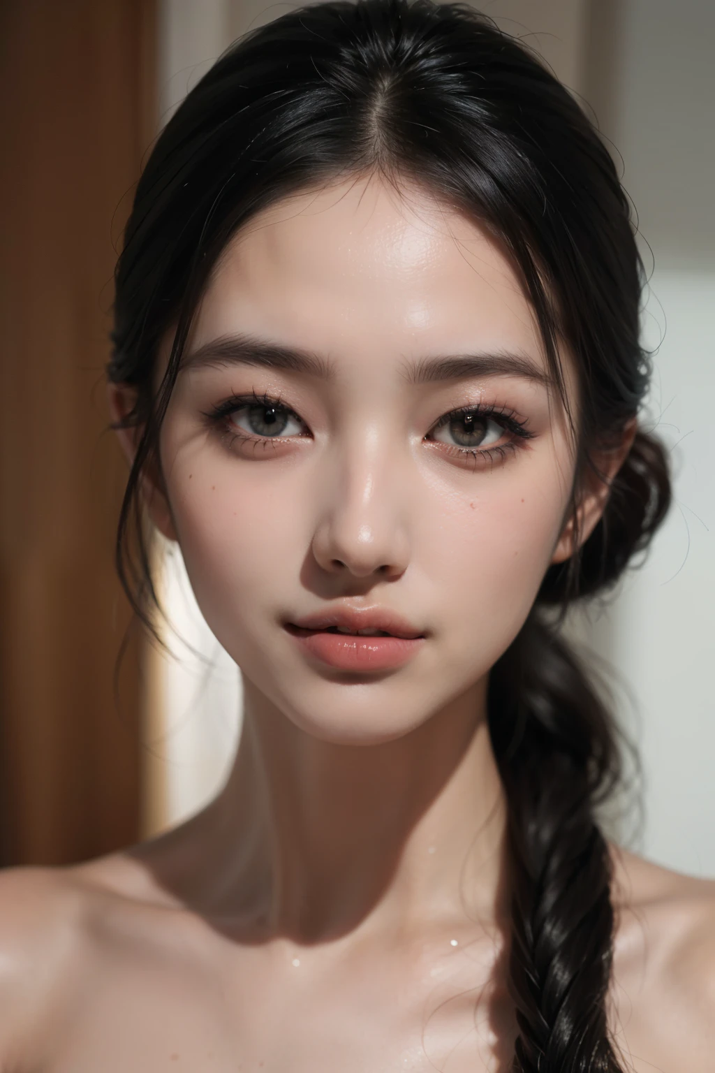 (8k, original photo, lifelike: 1.25), (lip gloss, eyelash, shining face, shiny skin, best quality, ultra high resolution, depth of field, Color difference, Caustics, Wide range of lighting, natural shadow, kpop idol) Looking at the viewer with the calmness and happiness of a goddess,